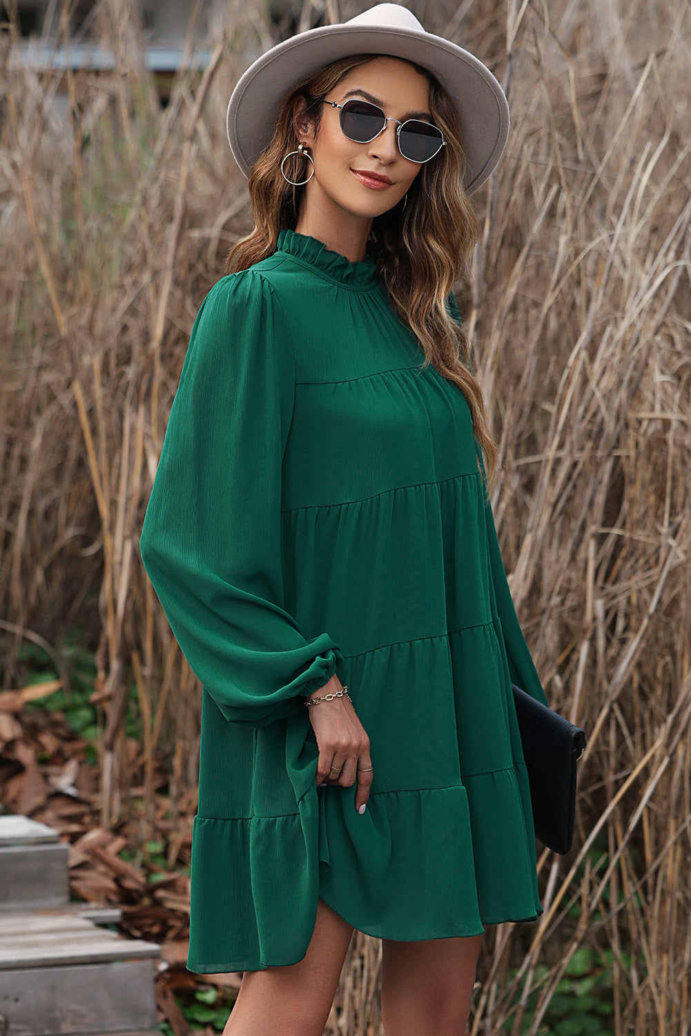 Blue Zone Planet | Green Puff Sleeve Mock Neck Back Knot Tiered Dress-TOPS / DRESSES-[Adult]-[Female]-2022 Online Blue Zone Planet