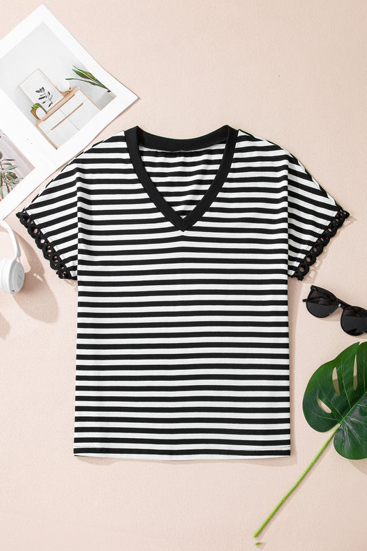 Black Striped Print V Neck Delicate Trim Casual Tee-Tops/Tops & Tees-[Adult]-[Female]-2022 Online Blue Zone Planet