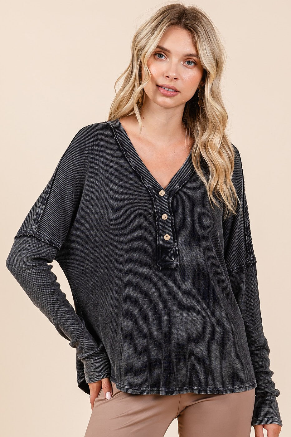 Blue Zone Planet | Mittoshop Washed V-Neck Long Sleeve Blouse-TOPS / DRESSES-[Adult]-[Female]-2022 Online Blue Zone Planet