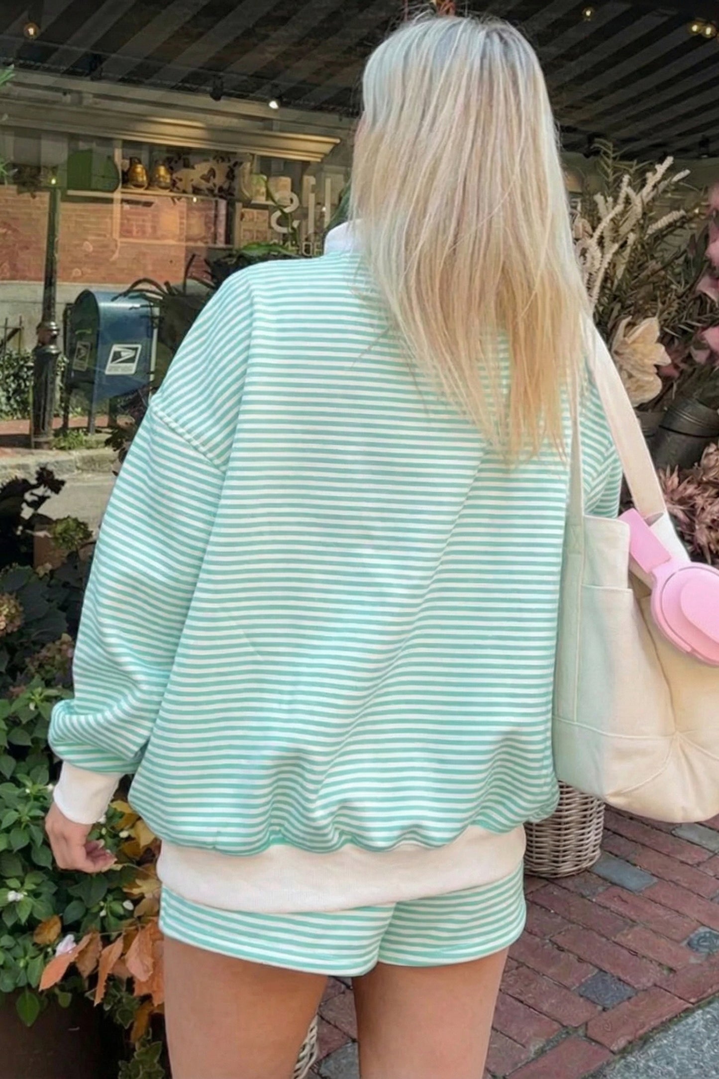 Sky Blue Stripe Oversize Mock Neck Sweatshirt and Shorts Set-Two Piece Sets/Short Sets-[Adult]-[Female]-2022 Online Blue Zone Planet