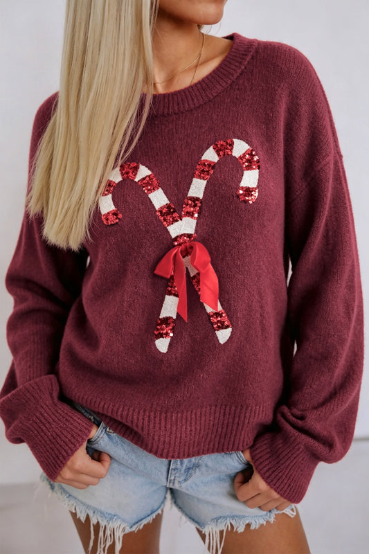 Red Dahlia Sequined Candy Cane Festive Casual Christmas Sweater-TOPS / DRESSES-[Adult]-[Female]-Red Dahlia-S-2022 Online Blue Zone Planet