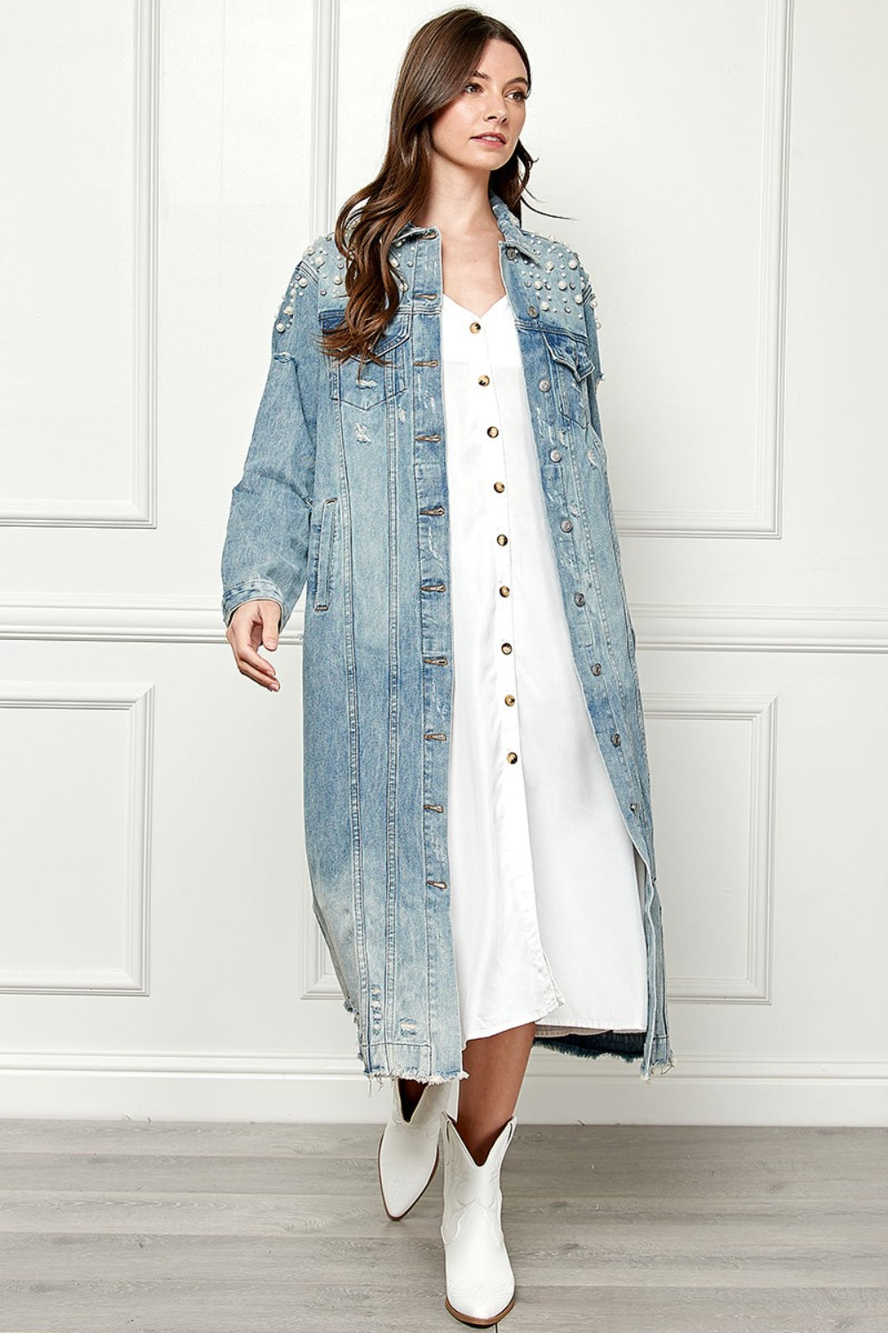 Blue Zone Planet | Veveret Full Size Distressed Raw Hem Pearl Detail Button Up Jacket-TOPS / DRESSES-[Adult]-[Female]-2022 Online Blue Zone Planet