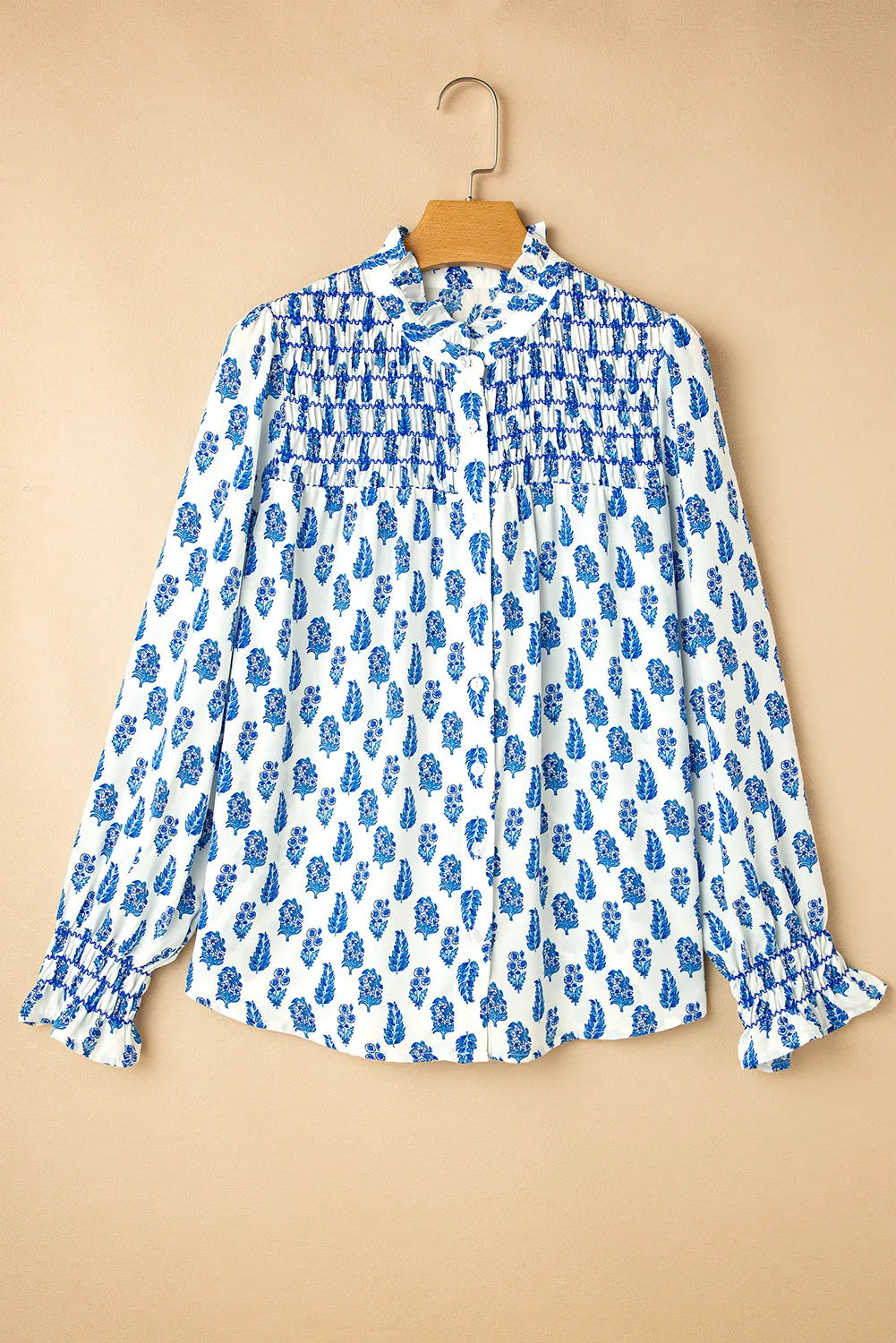 Frill Printed Button Up Long Sleeve Shirt-TOPS / DRESSES-[Adult]-[Female]-2022 Online Blue Zone Planet