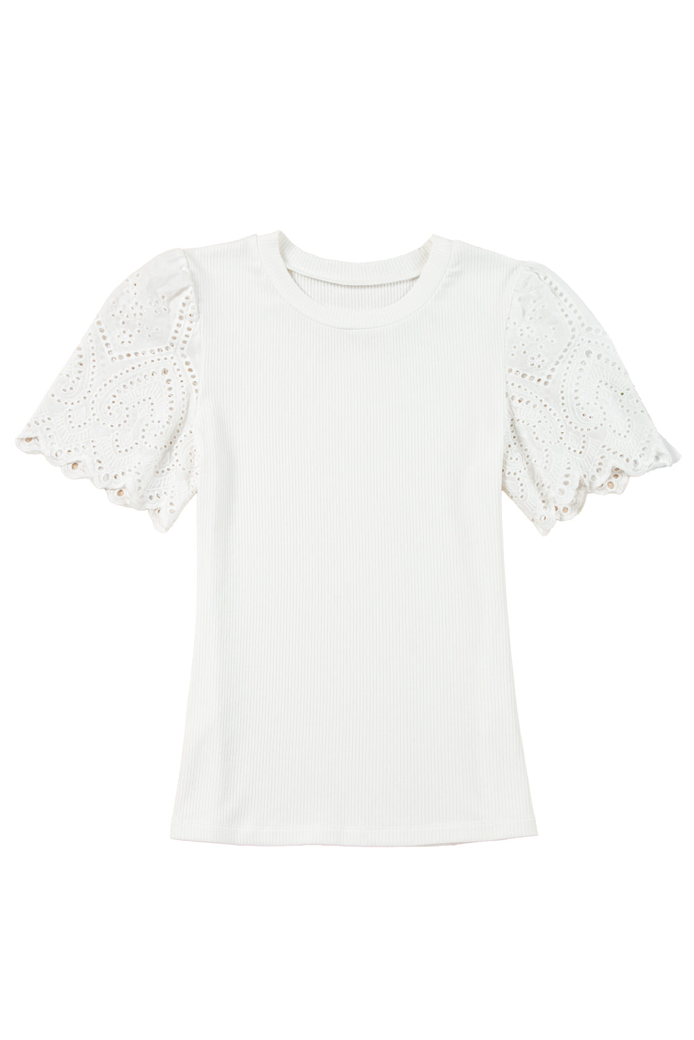 White Eyelet Pattern Short Sleeve Patchwork Ribbed Top-Tops/Tops & Tees-[Adult]-[Female]-2022 Online Blue Zone Planet