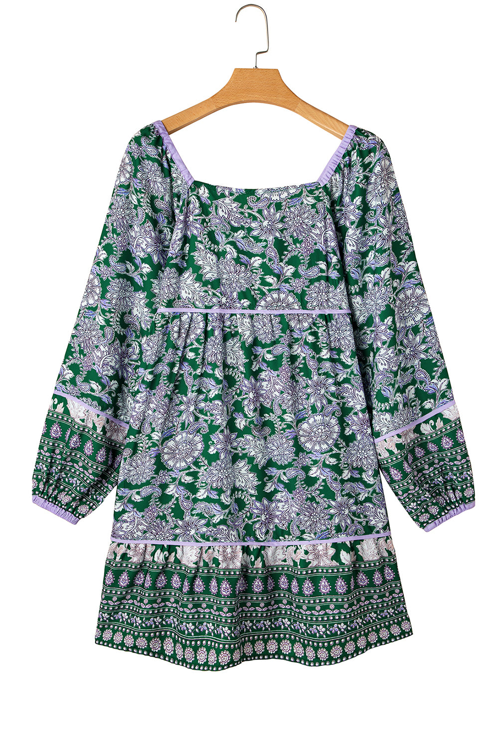 Green Floral Print Piping Trim Bubble Sleeve Bohemian Dress-Short Dresses-[Adult]-[Female]-2022 Online Blue Zone Planet