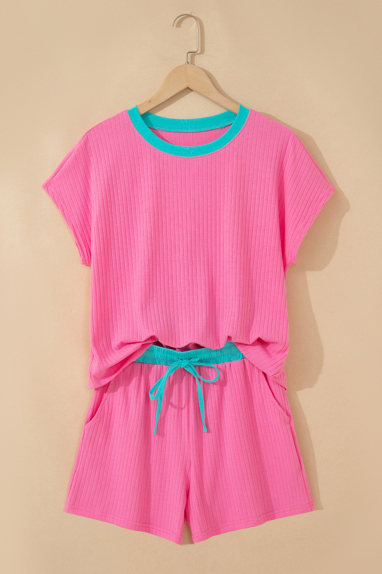 Mist Blue Soft Ribbed Color Block Trim Casual Short Set-Two Piece Sets/Short Sets-[Adult]-[Female]-2022 Online Blue Zone Planet