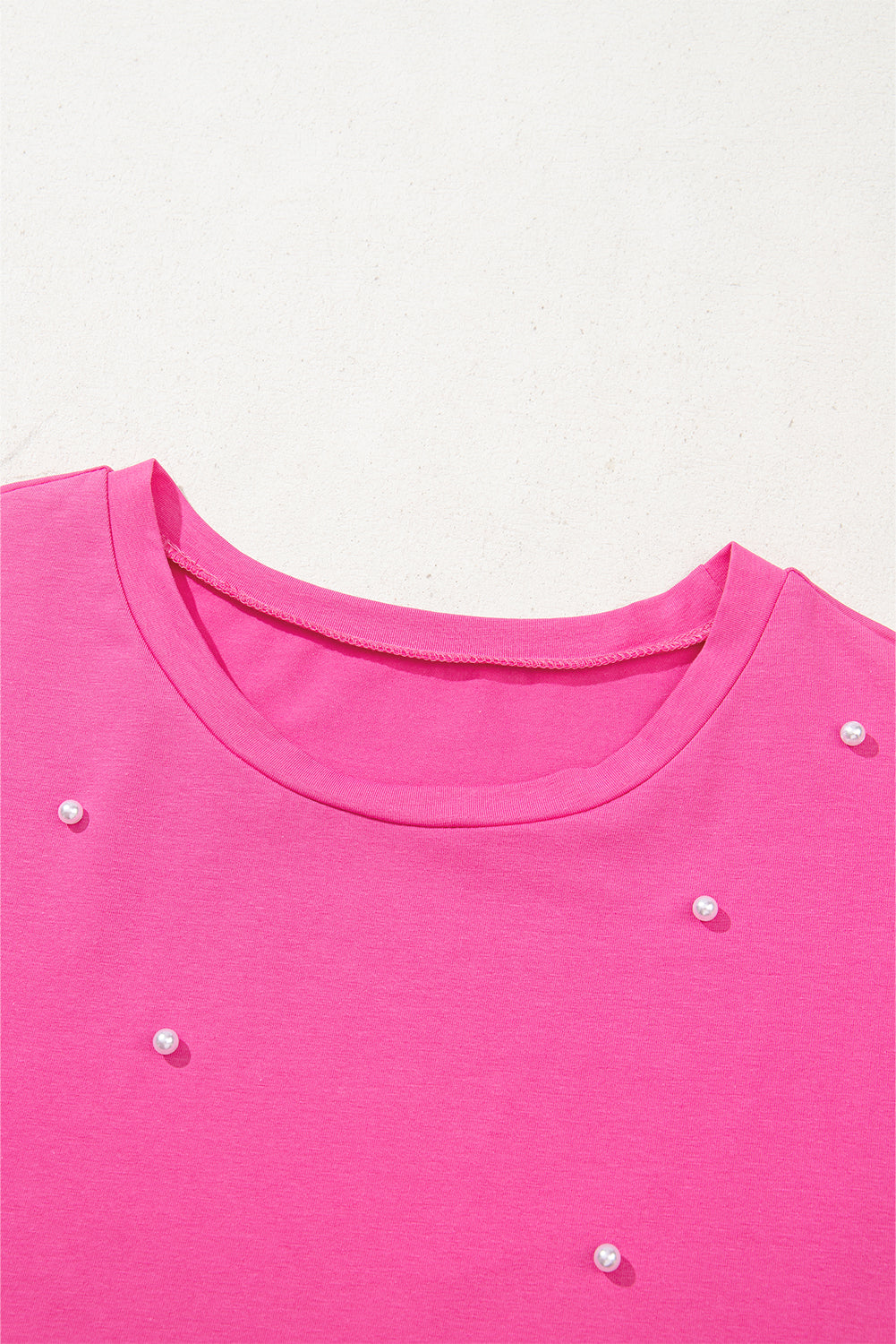 Bright Pink Pearl Beaded Drop Shoulder Crewneck T Shirt-Tops/Tops & Tees-[Adult]-[Female]-2022 Online Blue Zone Planet