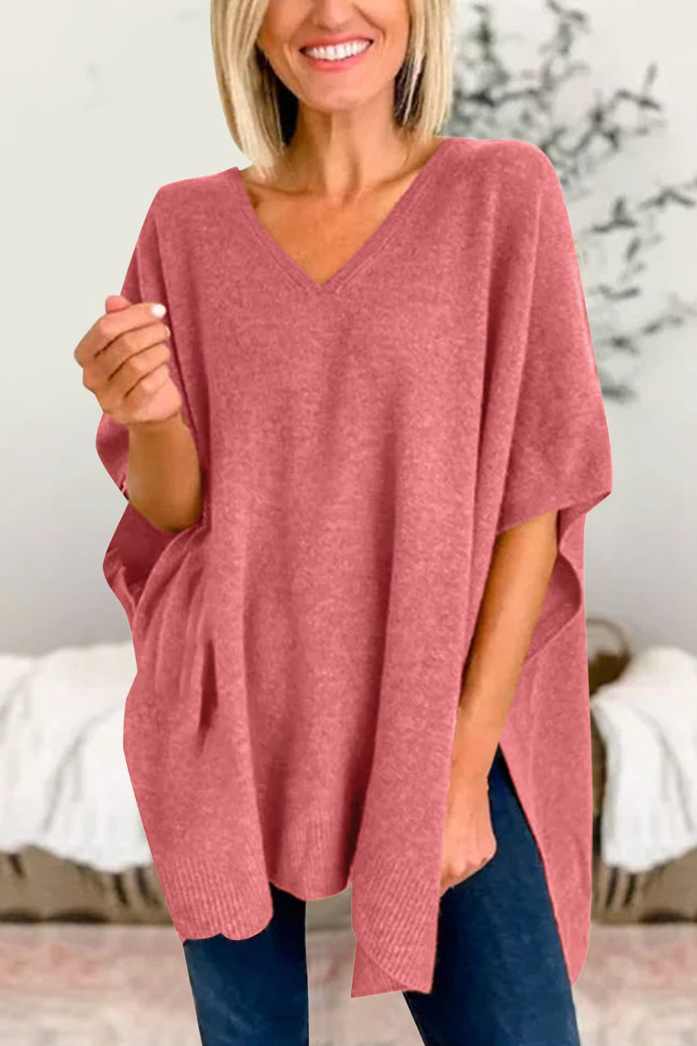 Slit V-Neck Half Sleeve Knit Top-TOPS / DRESSES-[Adult]-[Female]-Dusty Pink-S-2022 Online Blue Zone Planet