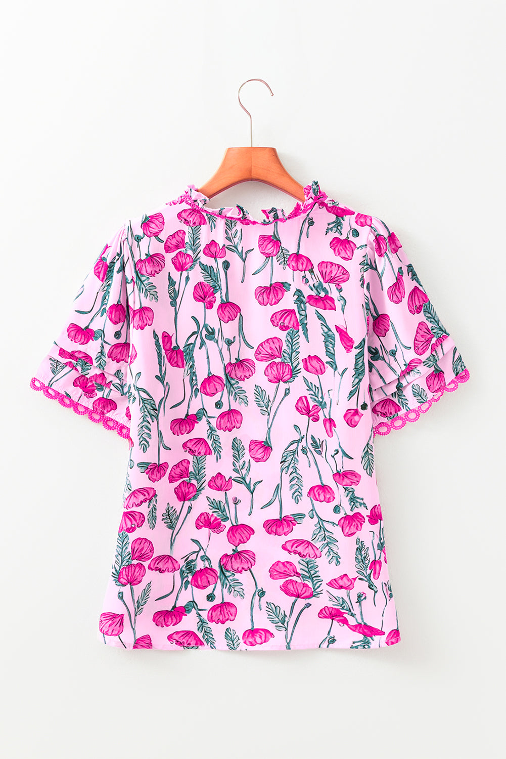 Pink Floral Lace Detail Frilled V Neck Summer Blouse-Tops/Blouses & Shirts-[Adult]-[Female]-2022 Online Blue Zone Planet