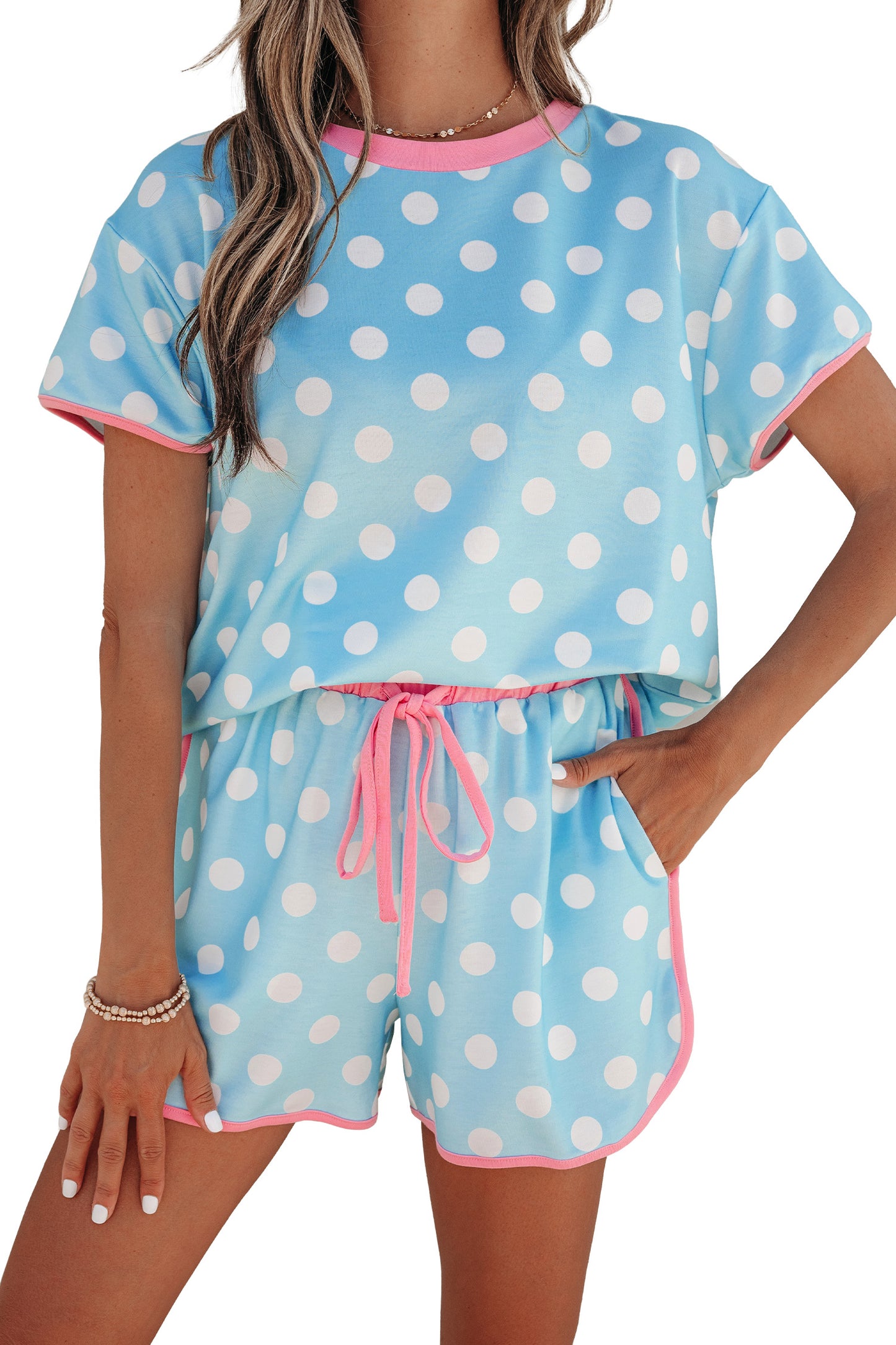 Pink Polka Dot Contrast Edge Casual Short Set-Two Piece Sets/Short Sets-[Adult]-[Female]-2022 Online Blue Zone Planet