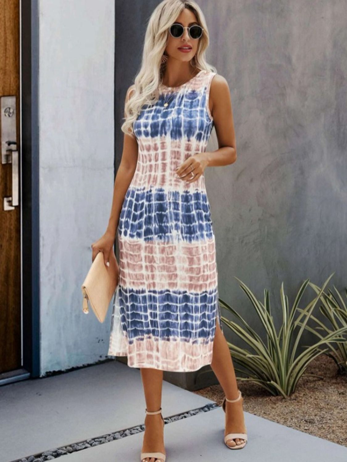 Slit Printed Round Neck Sleeveless Dress-TOPS / DRESSES-[Adult]-[Female]-2022 Online Blue Zone Planet