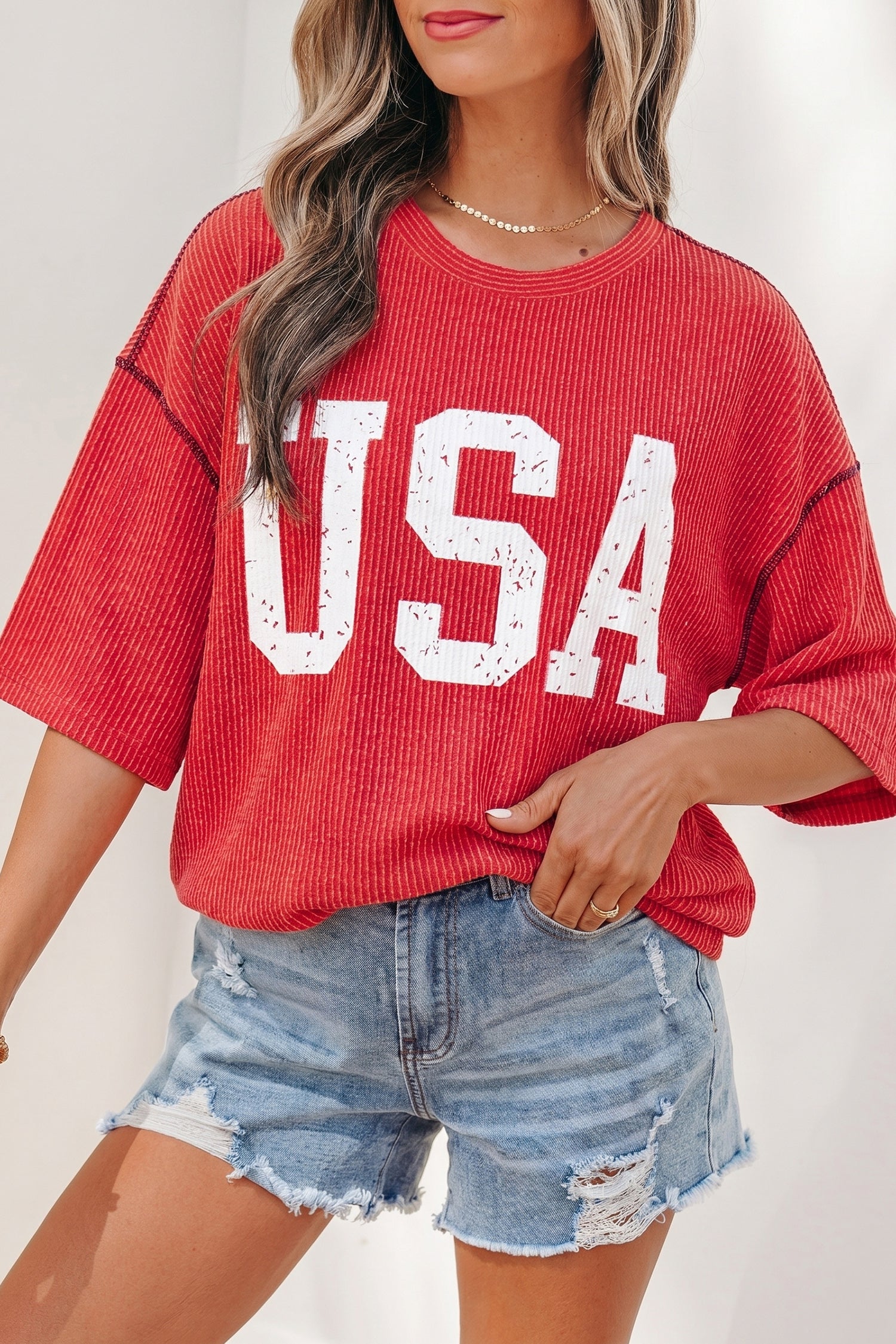 Fiery Red Usa Graphic Half Sleeve Loose Ribbed Top-Tops/Tops & Tees-[Adult]-[Female]-2022 Online Blue Zone Planet