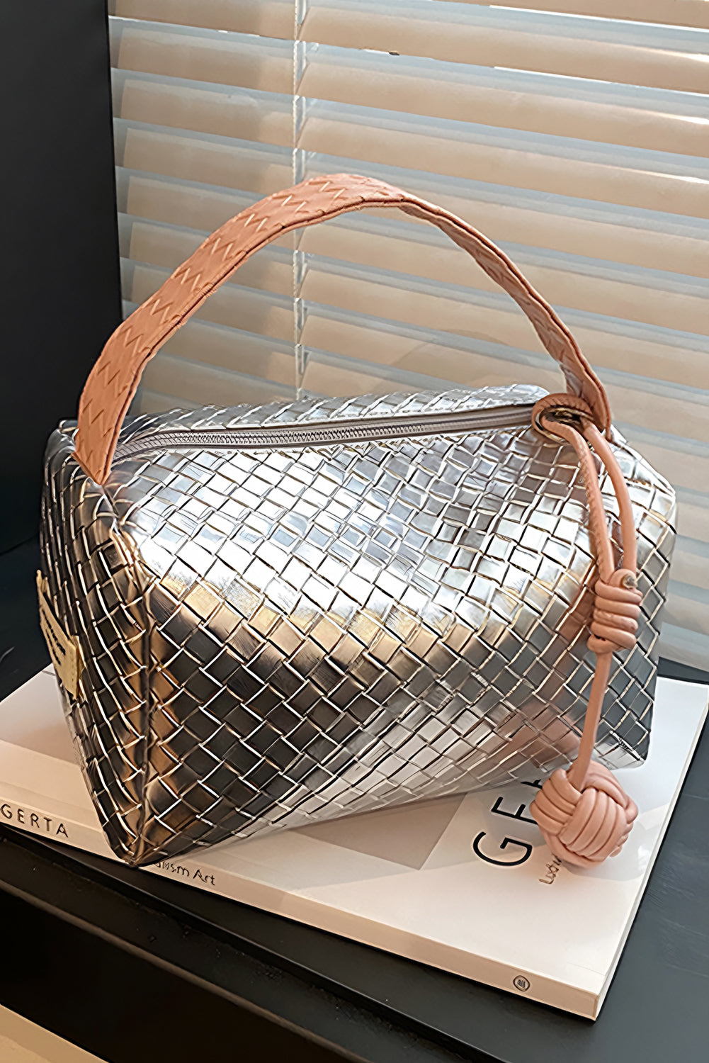 Silvery Lattice Texture Corded Ball Decor Weaven Handle Cosmetic Bag-Bags-[Adult]-[Female]-Silvery-ONE SIZE-2022 Online Blue Zone Planet