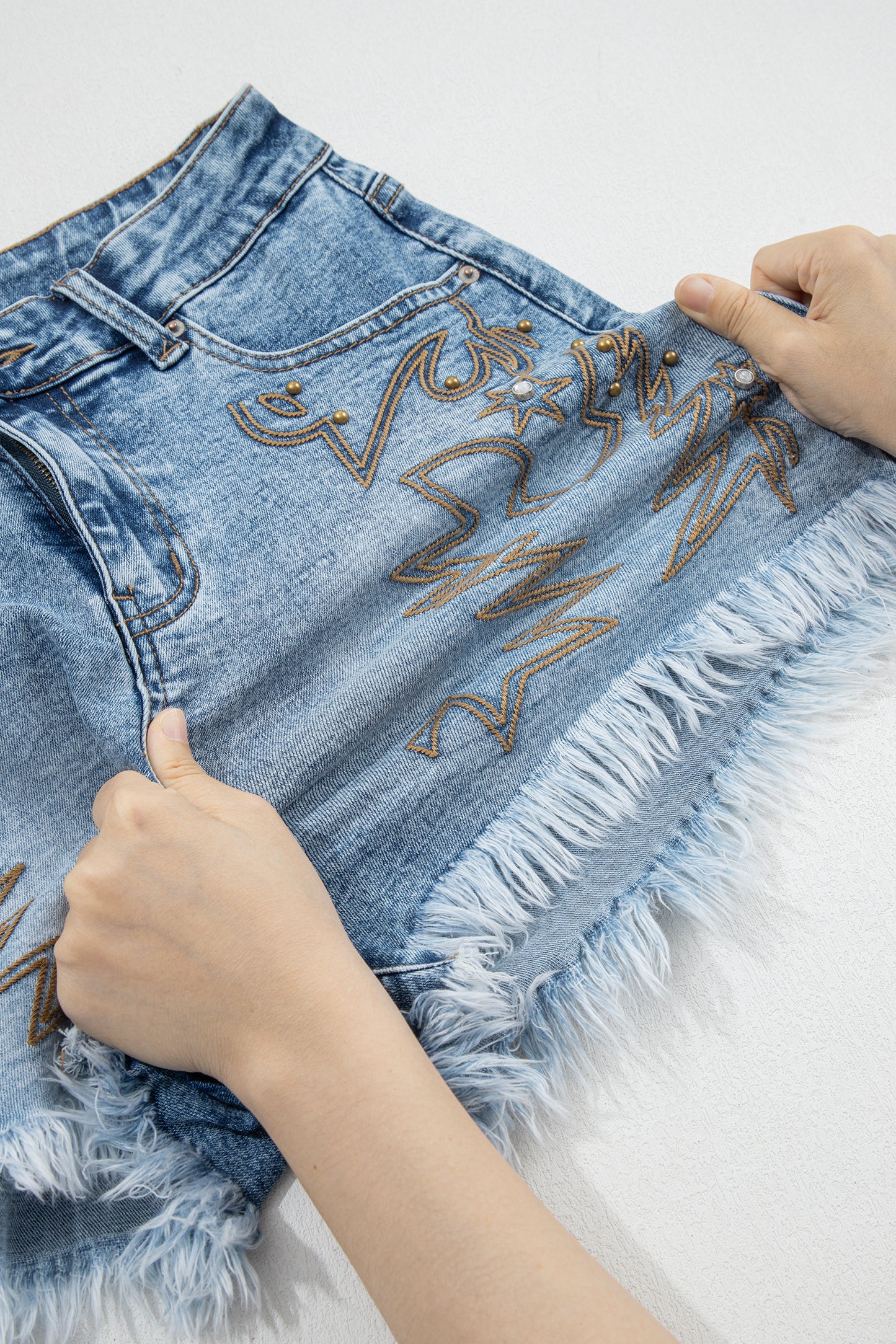 Dusk Blue Western Embroidery Stud Denim Shorts Summer Daily Wear-Bottoms/Denim Shorts-[Adult]-[Female]-2022 Online Blue Zone Planet
