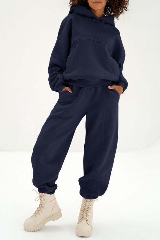 Navy Blue Solid Exposed Seams Hoodie and Joggers Activewear Set-Activewear/Activewear Sets-[Adult]-[Female]-Navy Blue-S-2022 Online Blue Zone Planet