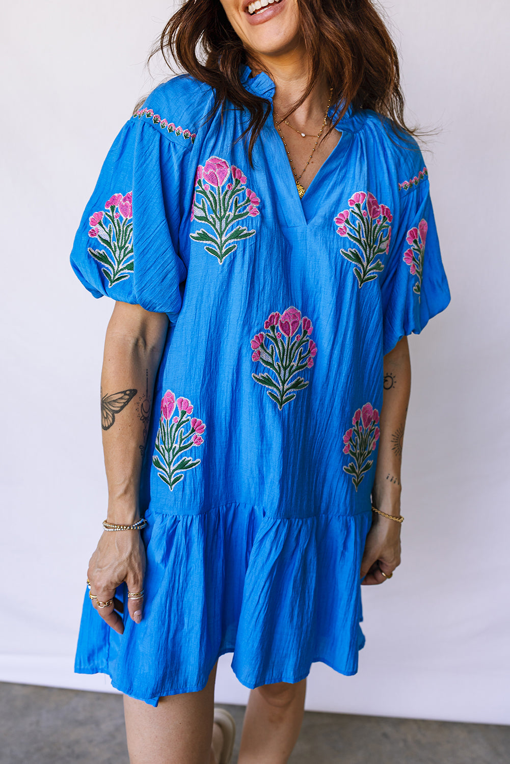 Blue Flower Embroidered Split Neck Short Puff Sleeve Ruffle Hem Dress-TOPS / DRESSES-[Adult]-[Female]-2022 Online Blue Zone Planet