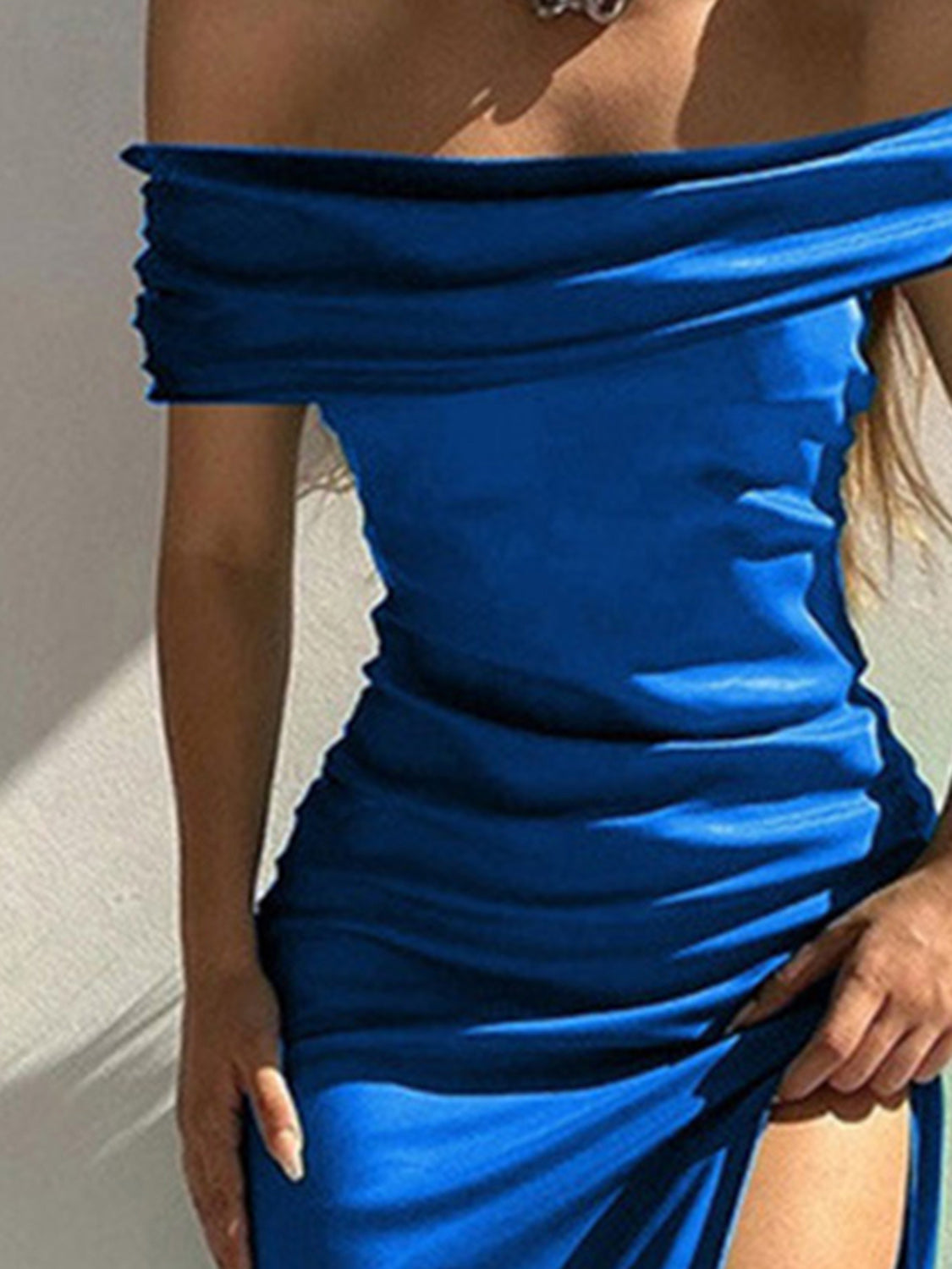 Split Ruched Off-Shoulder Dress BLUE ZONE PLANET