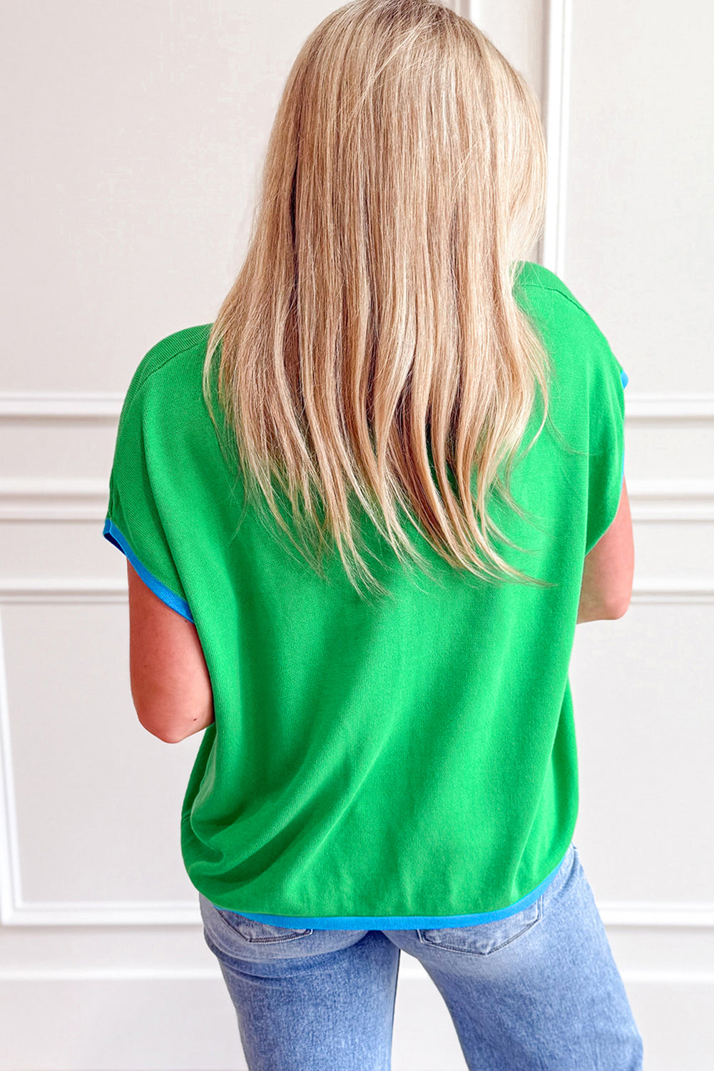 Green Contrast Trim Round Neck Short Sleeve Loose Knit Sweater-TOPS / DRESSES-[Adult]-[Female]-2022 Online Blue Zone Planet