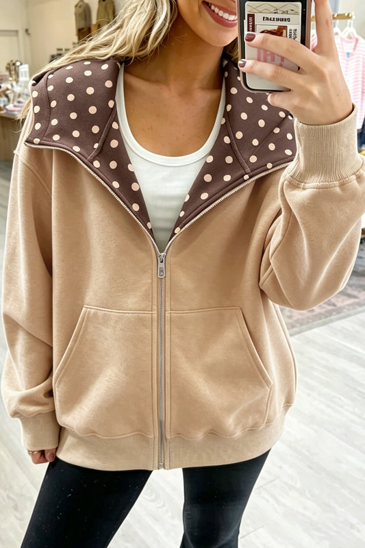 Parchment Polka Dot Hooded Zip-Up Sweatshirt-Tops / Dresses-[Adult]-[Female]-Parchment-S-2022 Online Blue Zone Planet