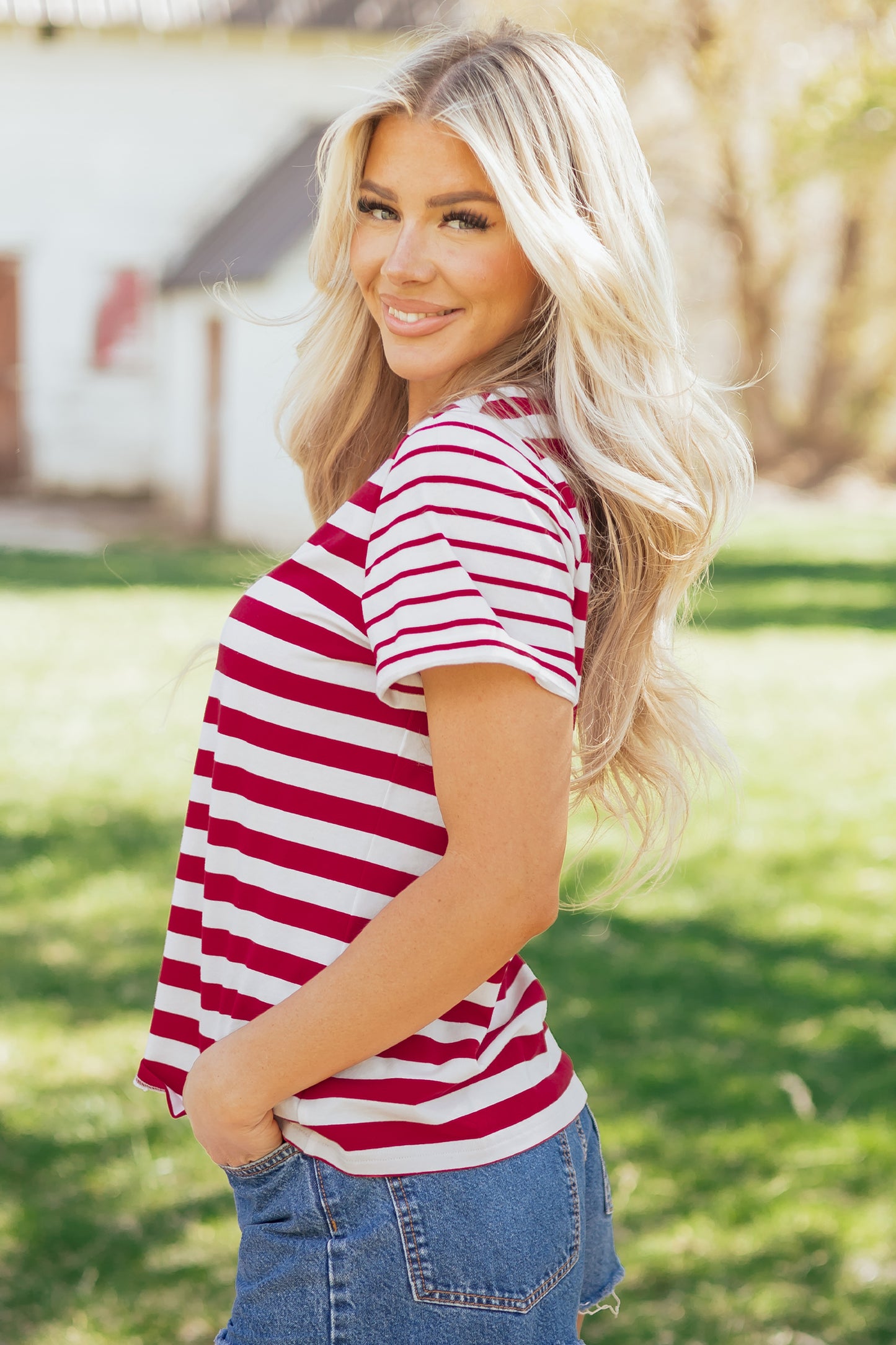 Red Stripe Patchwork Round Neck T Shirt-Tops/Tops & Tees-[Adult]-[Female]-2022 Online Blue Zone Planet