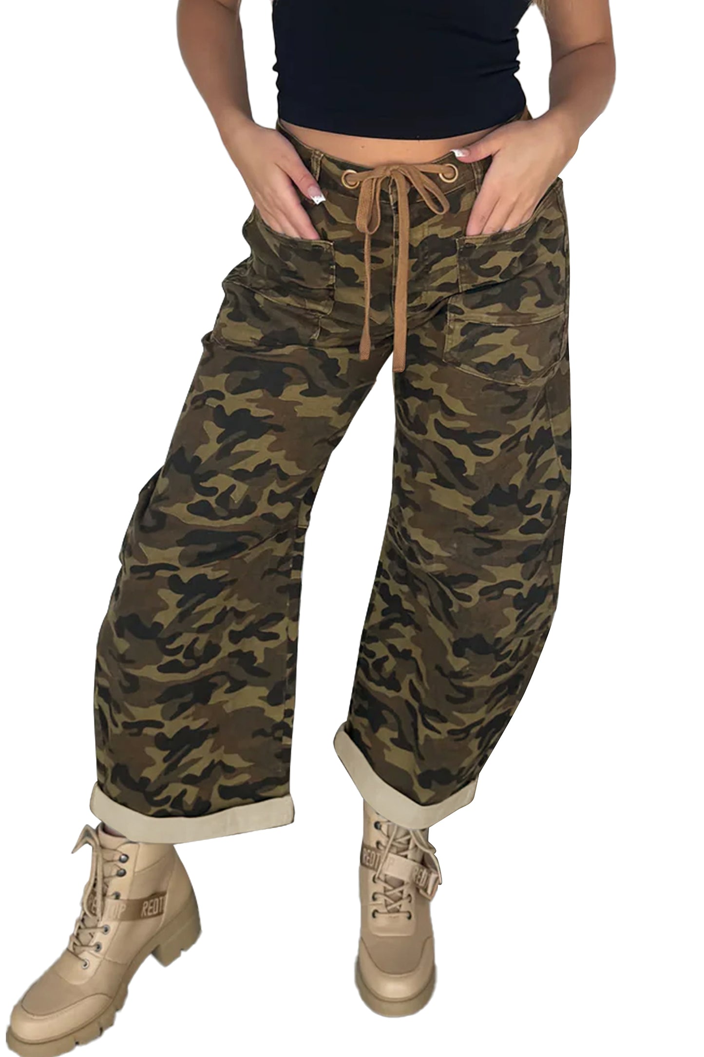 Multicolour Camouflage Print Retro Grommet Tie Waist Loose Jeans-Bottoms/Jeans-[Adult]-[Female]-2022 Online Blue Zone Planet