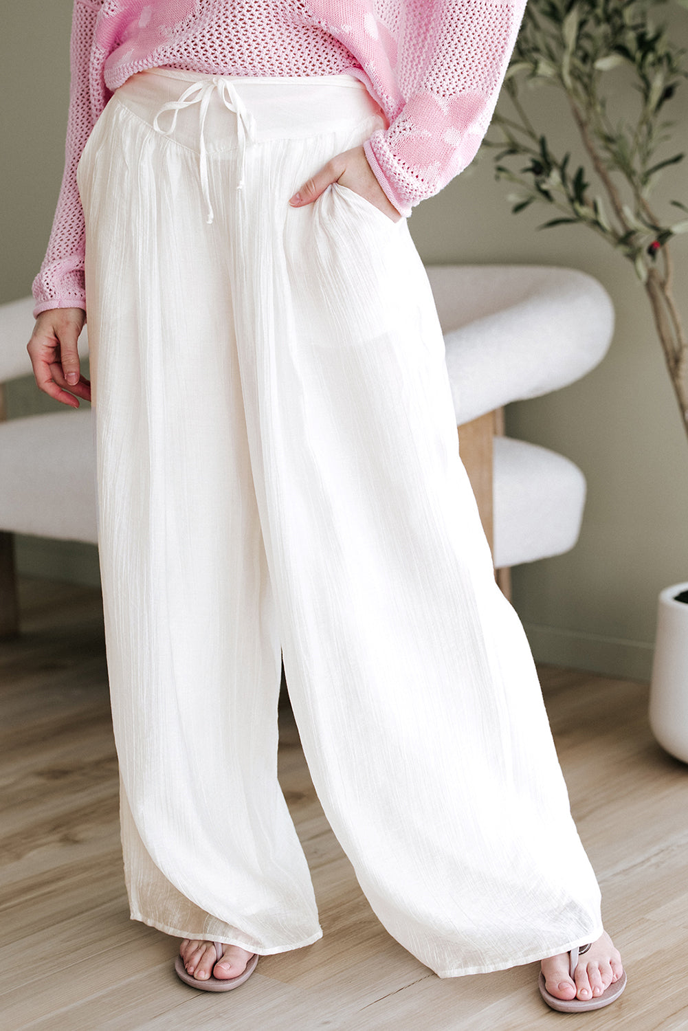 White Casual Tie Waist Pleated Wide Leg Pants-Bottoms/Pants & Culotte-[Adult]-[Female]-2022 Online Blue Zone Planet