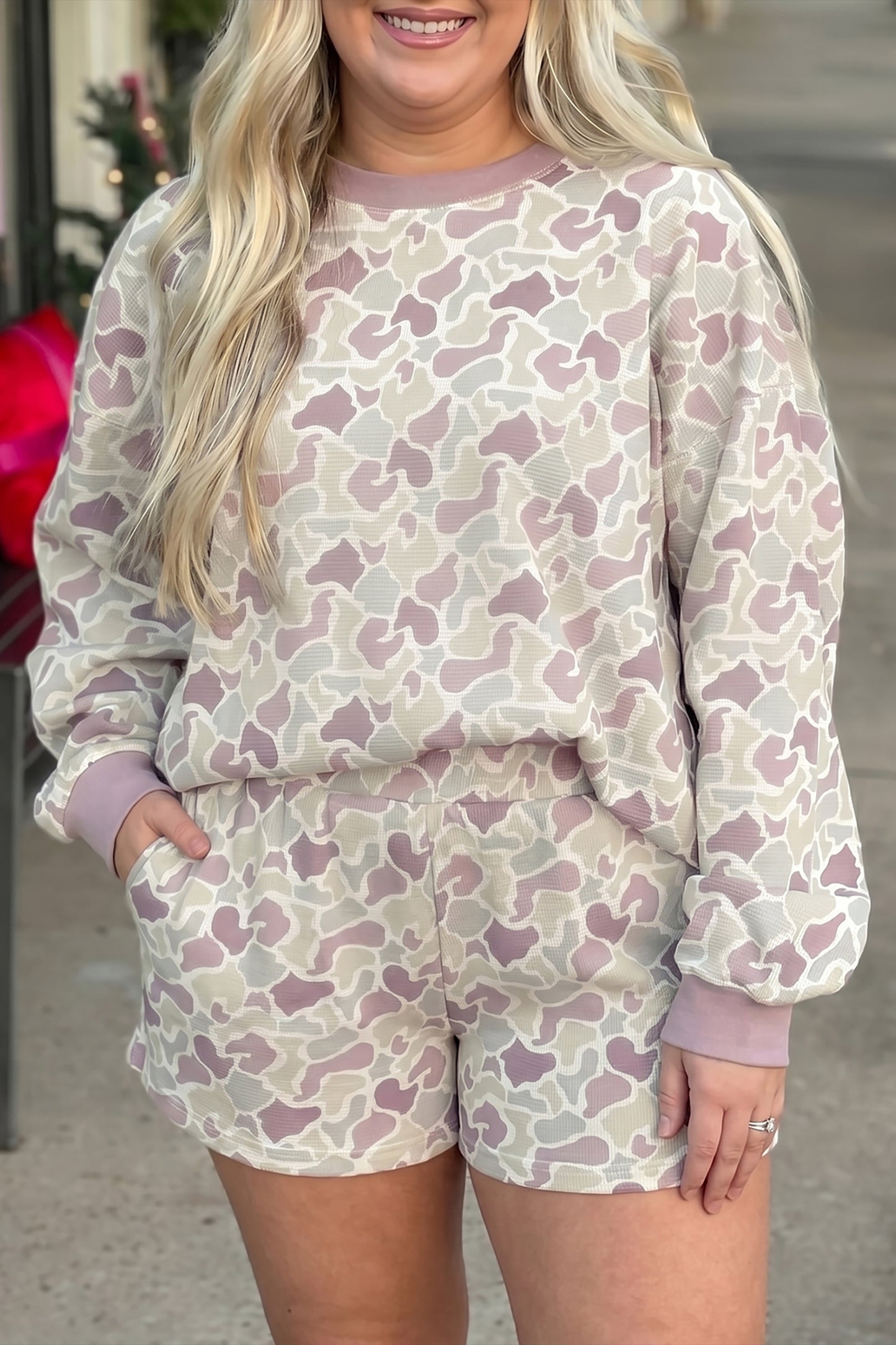 Green Camouflage Print Waffle Textured Pullover and Shorts Plus Size 2pcs Set-Plus Size/Plus Size Loungewear-[Adult]-[Female]-2022 Online Blue Zone Planet