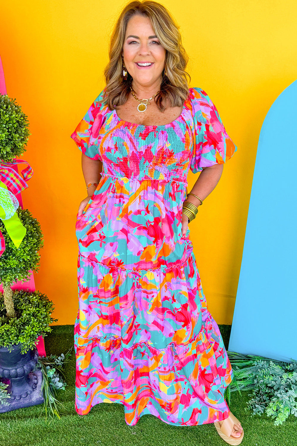 Blue Zone Planet | Multicolour Plus Size Floral Smocked Puff Sleeve Maxi Dress-TOPS / DRESSES-[Adult]-[Female]-2022 Online Blue Zone Planet