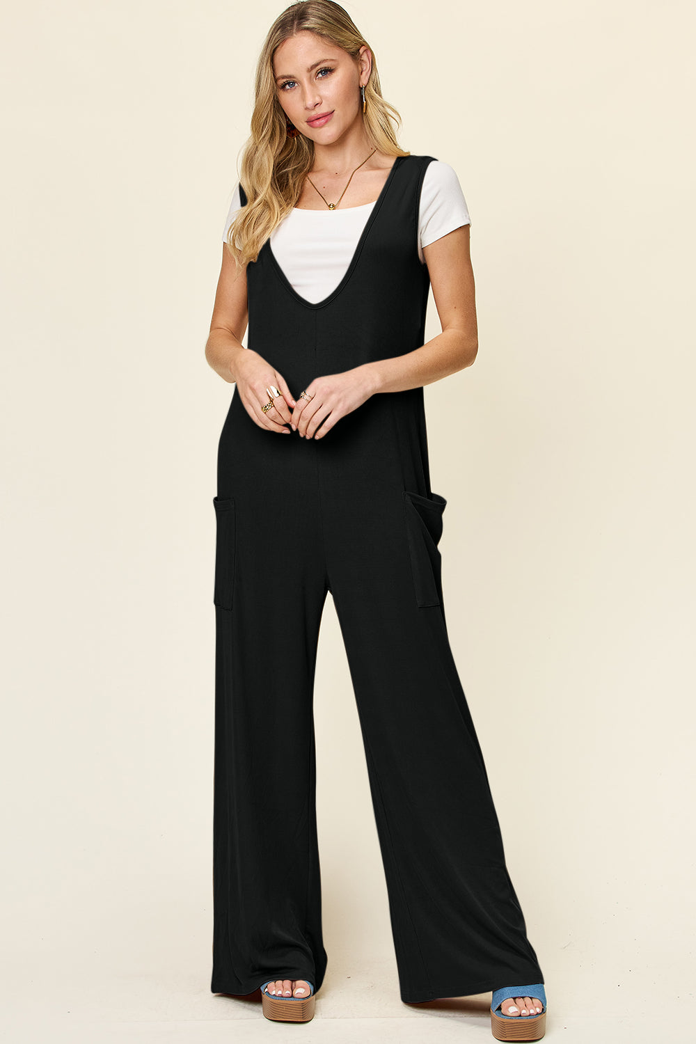 Blue Zone Planet | Double Take Full Size Sleeveless Wide Leg Jumpsuit with Pockets-TOPS / DRESSES-[Adult]-[Female]-Black-S-2022 Online Blue Zone Planet