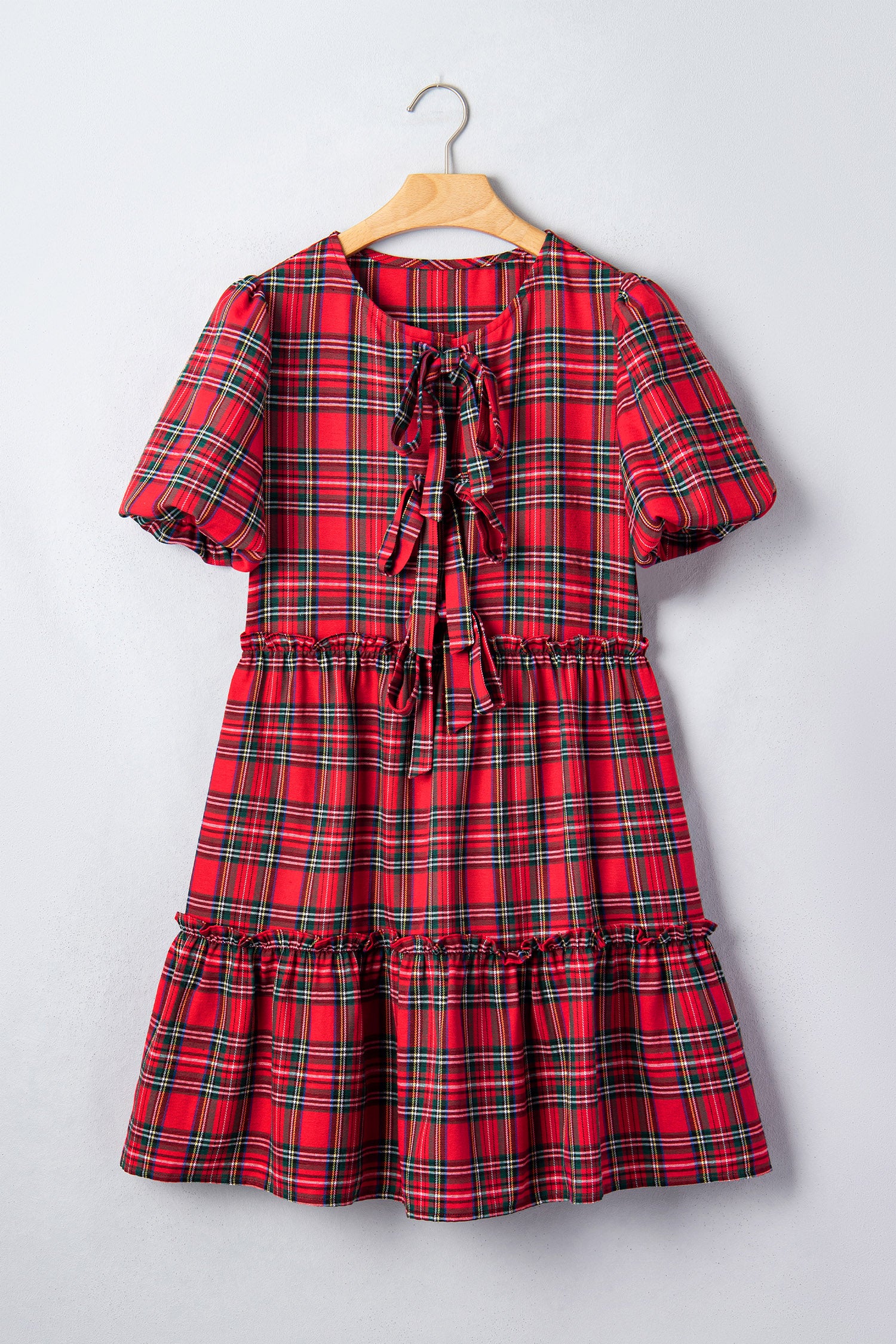 Red Plaid Knot Neck Short Sleeve Mini Shift Dress-TOPS / DRESSES-[Adult]-[Female]-2022 Online Blue Zone Planet