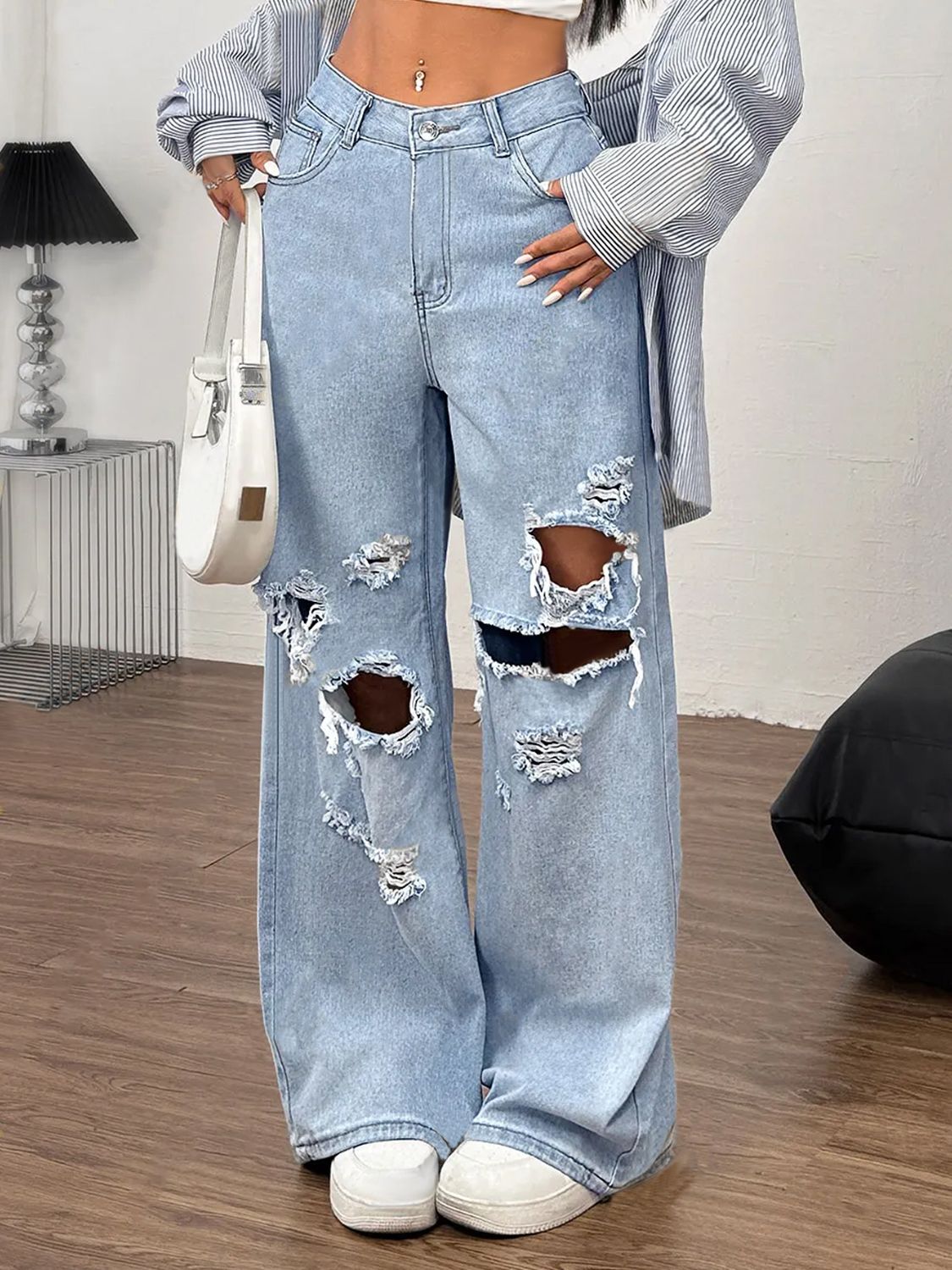 Distressed Wide Leg Jeans with Pockets-BOTTOM SIZES SMALL MEDIUM LARGE-[Adult]-[Female]-2022 Online Blue Zone Planet