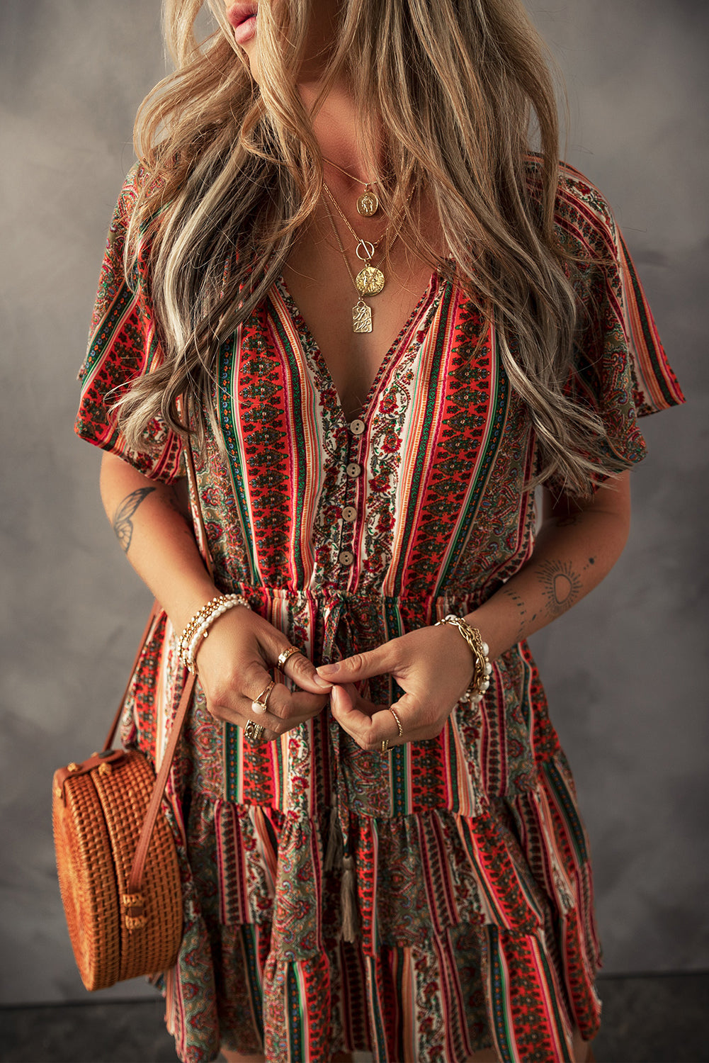 Red Bohemian Floral Print Buttoned V Neck Ruffle Tiered Dress-Short Dresses-[Adult]-[Female]-2022 Online Blue Zone Planet