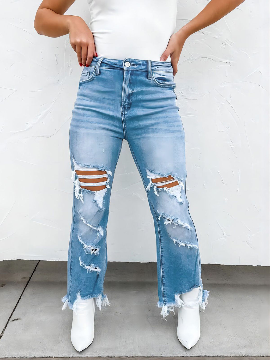 Distressed Raw Hem Jeans with Pockets-TOPS / DRESSES-[Adult]-[Female]-2022 Online Blue Zone Planet