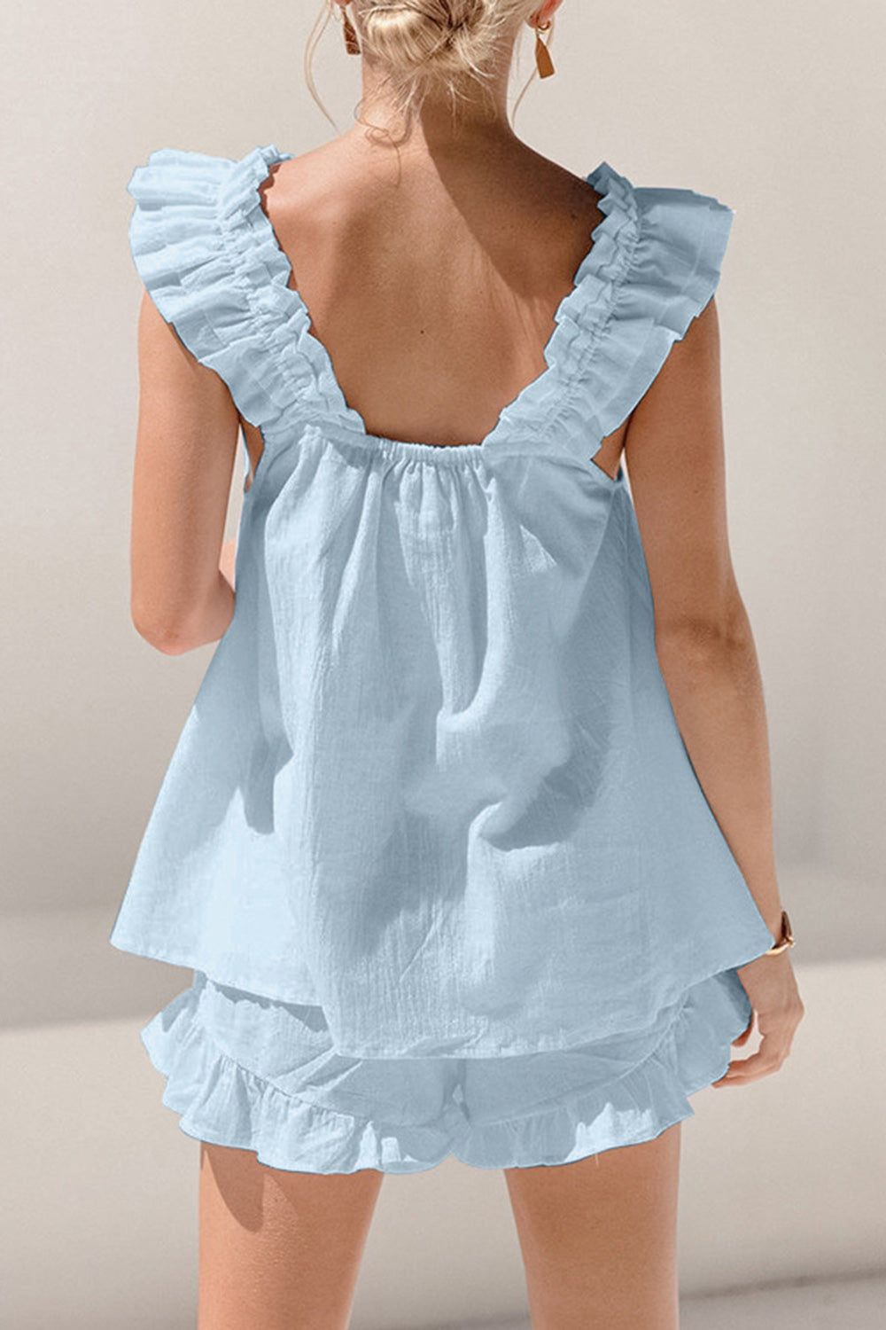 Blue Zone Planet | Ruffled Square Neck Top and Shorts Set-TOPS / DRESSES-[Adult]-[Female]-2022 Online Blue Zone Planet