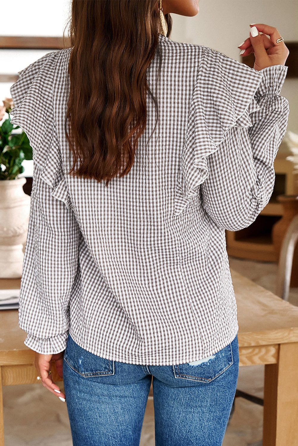 Brown Plaid Flounce Sleeve Notched Neck Ruffled Shirt-Tops/Blouses & Shirts-[Adult]-[Female]-2022 Online Blue Zone Planet