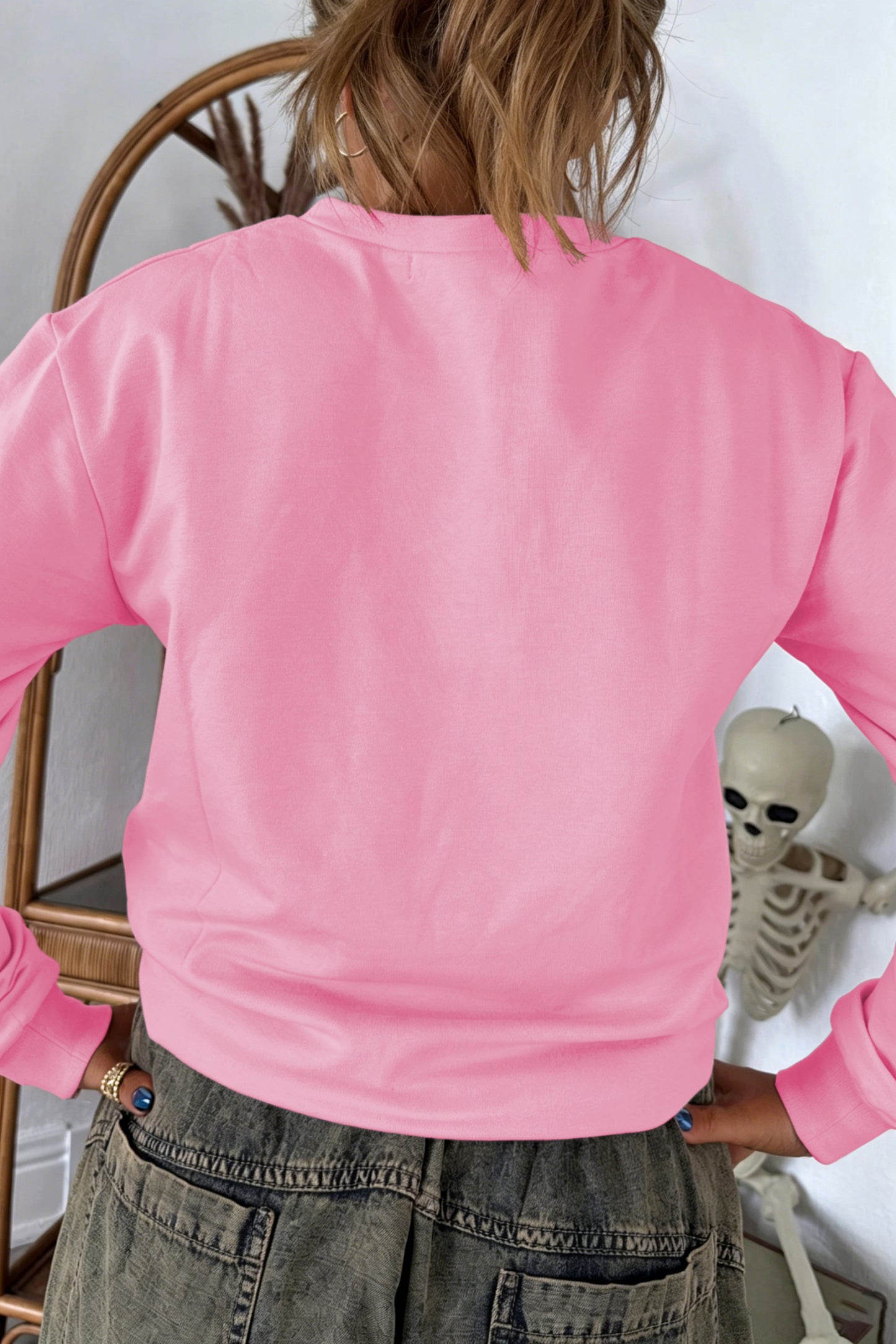 Pink Embroidered Pumpkin Face Long Sleeve Round Neck Sweatshirt