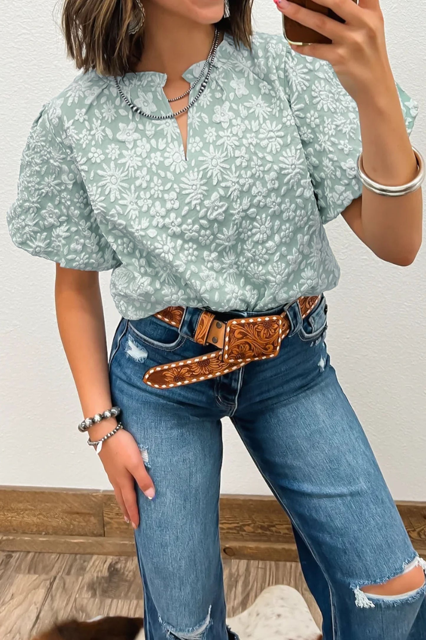 Iceland Blue Floral Textured Jacquard Puff Sleeve Blouse-Tops/Blouses & Shirts-[Adult]-[Female]-Iceland Blue-S-2022 Online Blue Zone Planet