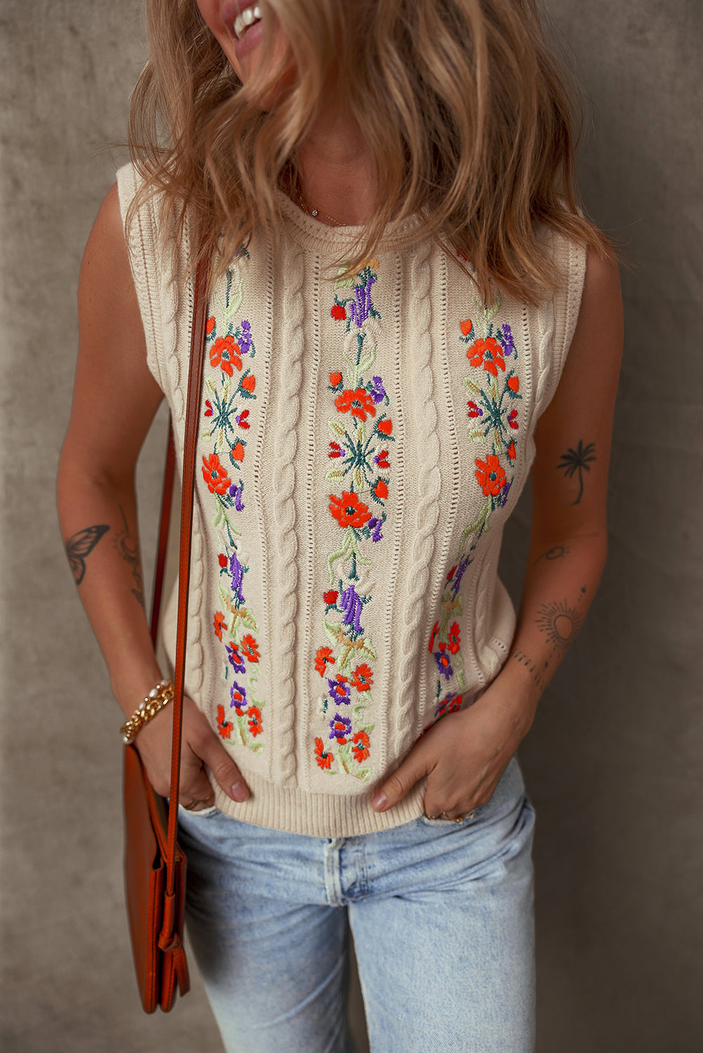 Blue Zone Planet |  Jet Stream Embroidered Floral Cable Knit Sweater Vest