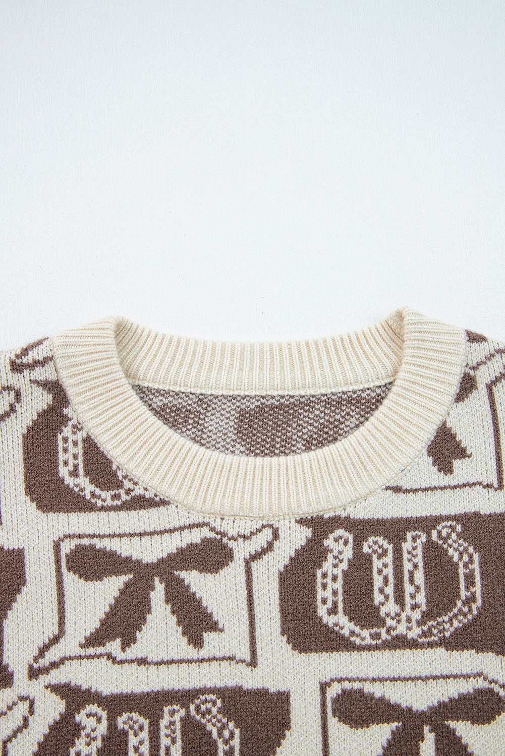 Brown Bows & Horseshoes Pattern Western Fashion Print Sweater-TOPS / DRESSES-[Adult]-[Female]-2022 Online Blue Zone Planet