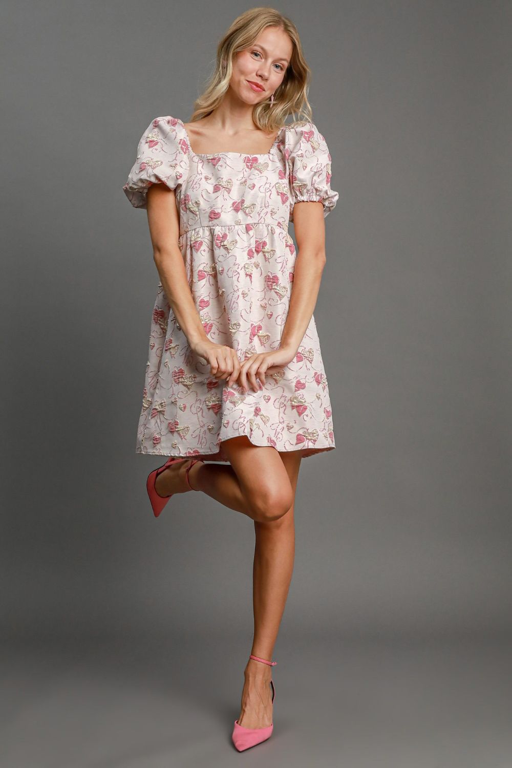 Umgee Heart Jacquard Square Neck Puff Sleeve Mini Dress-TOPS / DRESSES-[Adult]-[Female]-Pink-S-2022 Online Blue Zone Planet