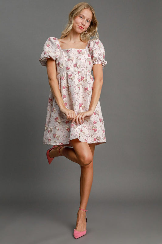 Umgee Heart Jacquard Square Neck Puff Sleeve Mini Dress-TOPS / DRESSES-[Adult]-[Female]-Pink-S-2022 Online Blue Zone Planet