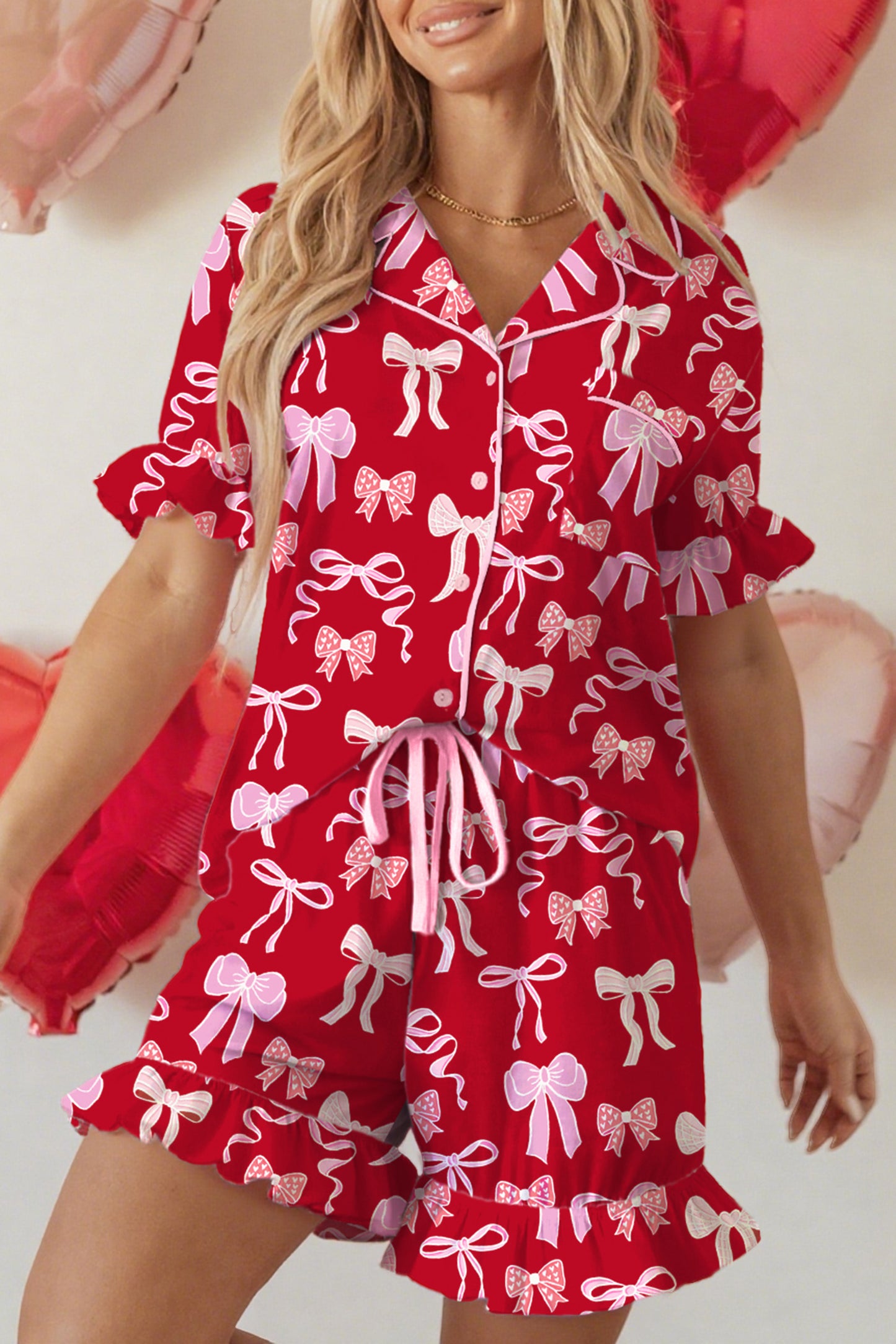 Red Sweet Bow Print Ruffled Short Sleeve Shirt Shorts 2pcs Pajama Set-Loungewear & Sleepwear/Sleepwear-[Adult]-[Female]-2022 Online Blue Zone Planet