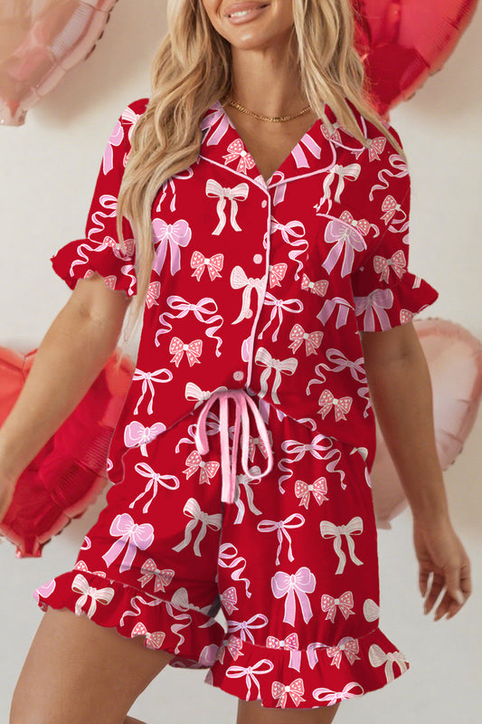 Red Sweet Bow Print Ruffled Short Sleeve Shirt Shorts 2pcs Pajama Set-Loungewear & Sleepwear/Sleepwear-[Adult]-[Female]-2022 Online Blue Zone Planet