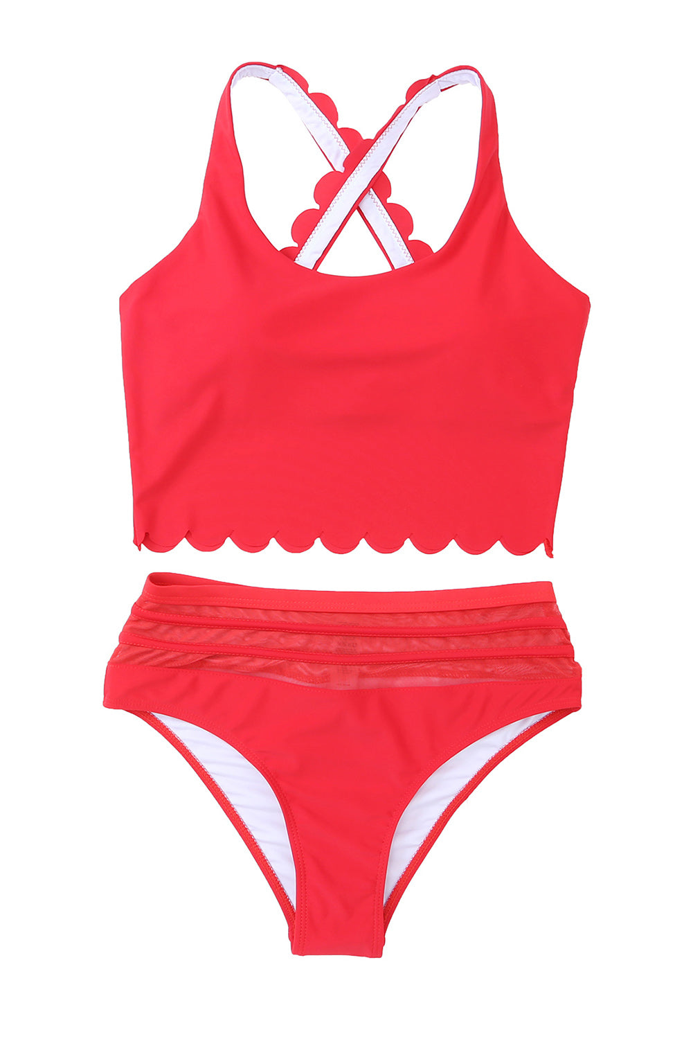 Fiery Red Scalloped Criss Cross High Waist Bikini-TOPS / DRESSES-[Adult]-[Female]-2022 Online Blue Zone Planet