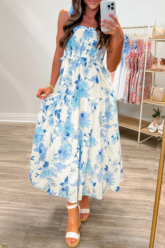 Sky Blue Ruffled Straps Smocked High Waist Floral Maxi Dress-Dresses/Floral Dresses-[Adult]-[Female]-Sky Blue-S-2022 Online Blue Zone Planet