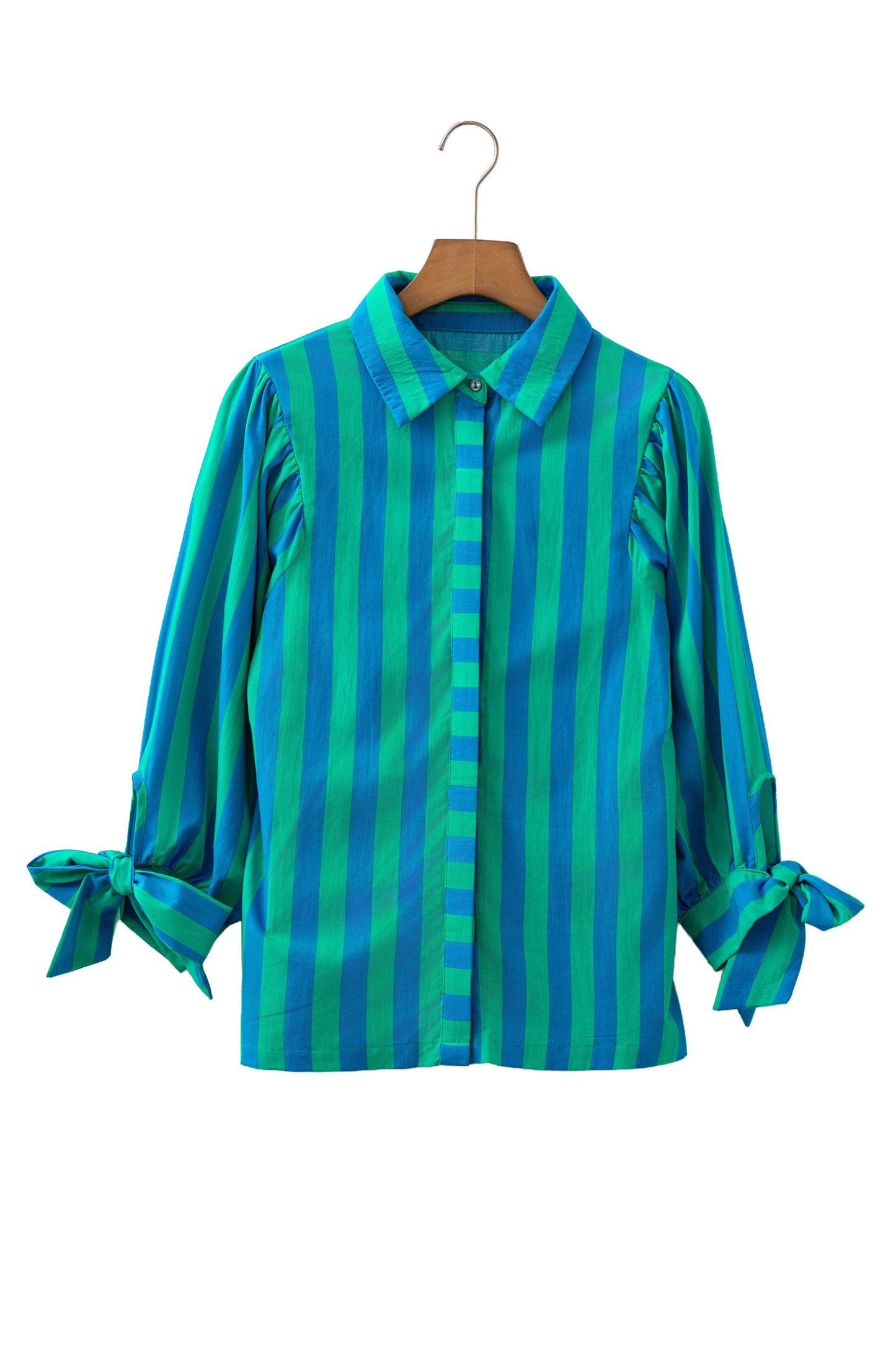 Blue Stripe Tie Puff Sleeve Womens Button Down Shirt-Tops/Blouses & Shirts-[Adult]-[Female]-2022 Online Blue Zone Planet