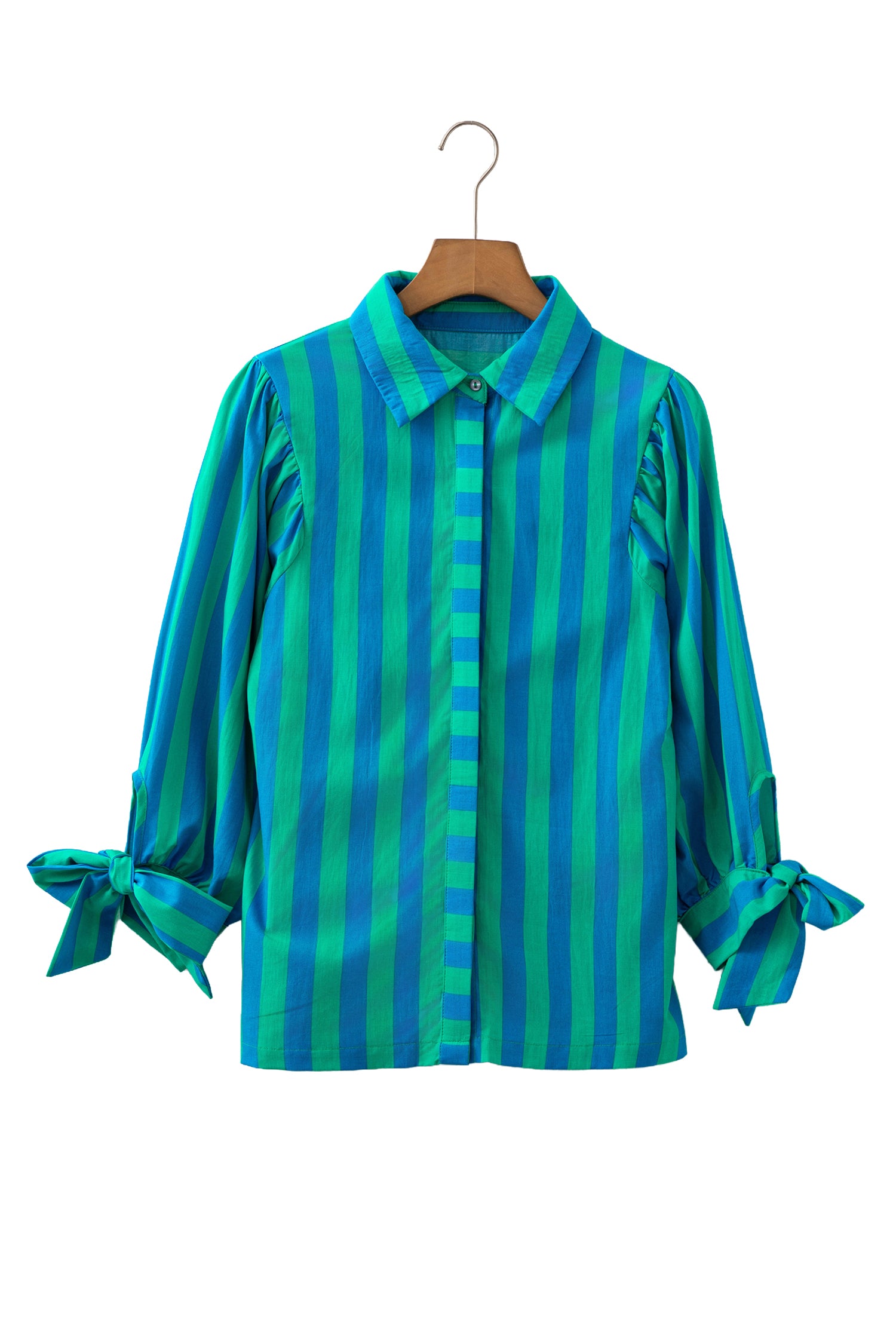Blue Stripe Tie Puff Sleeve Womens Button Down Shirt-Tops/Blouses & Shirts-[Adult]-[Female]-2022 Online Blue Zone Planet