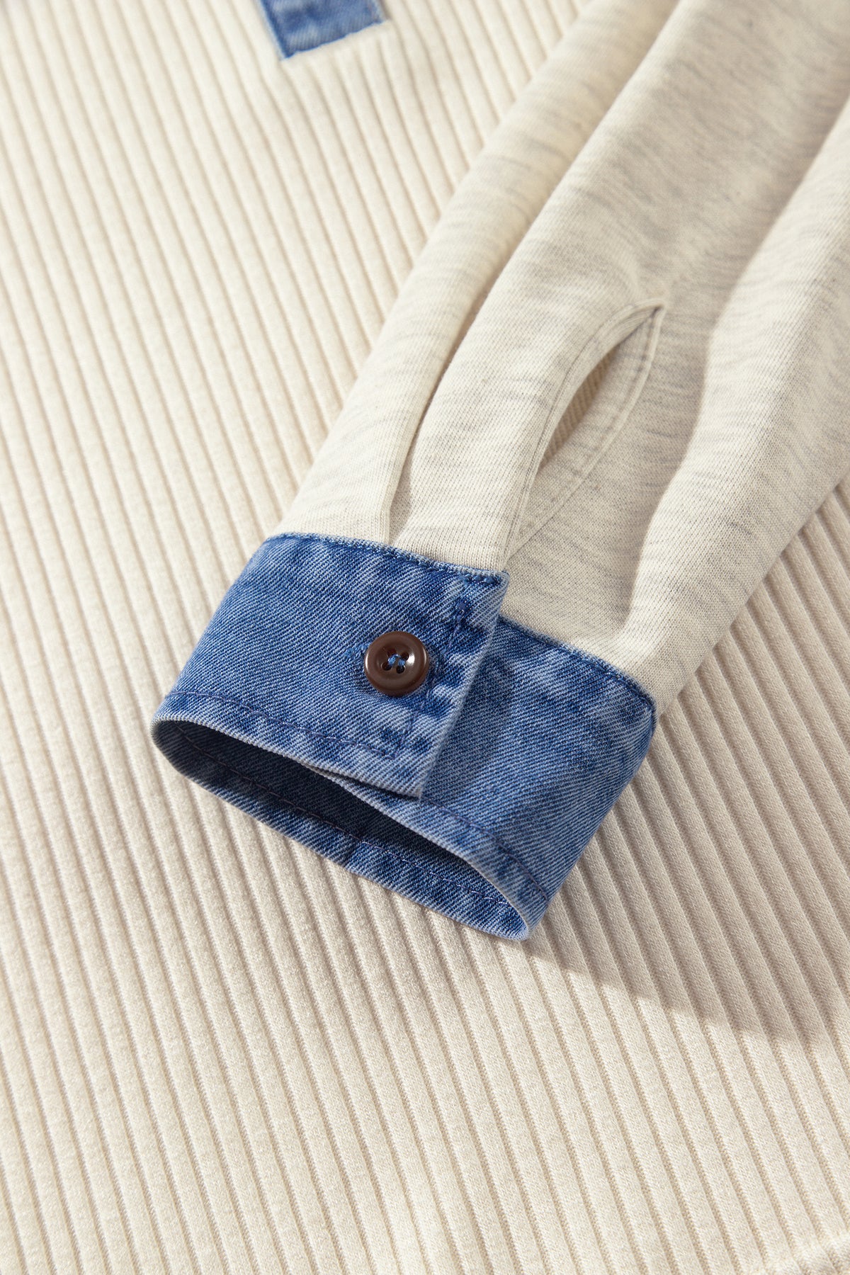 Light Grey Ribbed Denim Colorblock Detail Button Collar Long Sleeve Top-Tops/Long Sleeve Tops-[Adult]-[Female]-2022 Online Blue Zone Planet