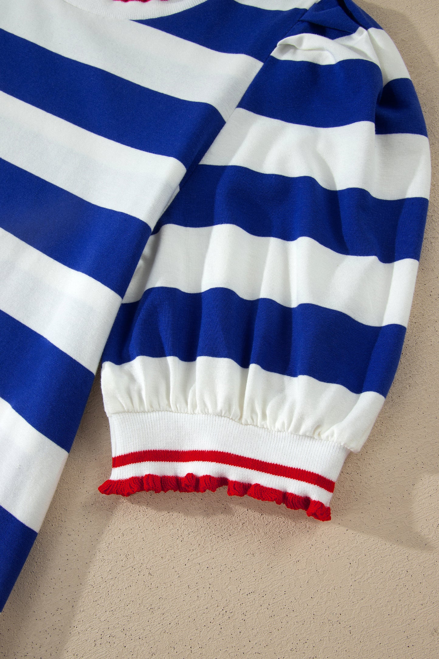 Blue Stripe Contrast Trim Round Neck Short Puff Sleeve Shift Mini Dress-TOPS / DRESSES-[Adult]-[Female]-2022 Online Blue Zone Planet
