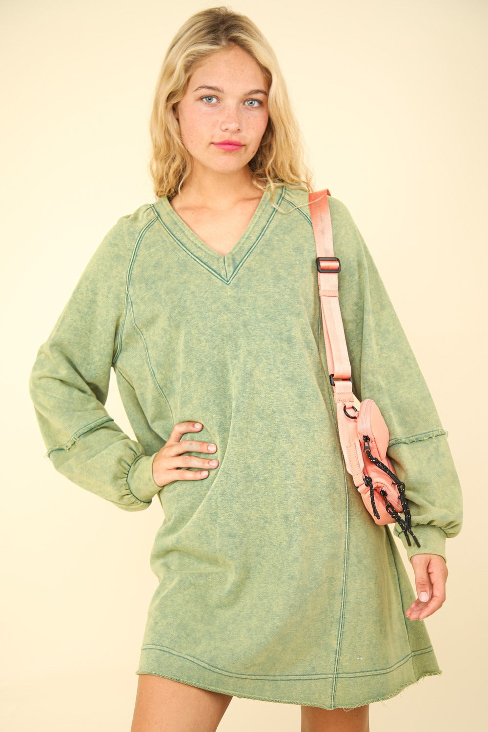 VERY J Mineral Washed Oversized A-Line Mini Dress-TOPS / DRESSES-[Adult]-[Female]-Forest-S-2022 Online Blue Zone Planet